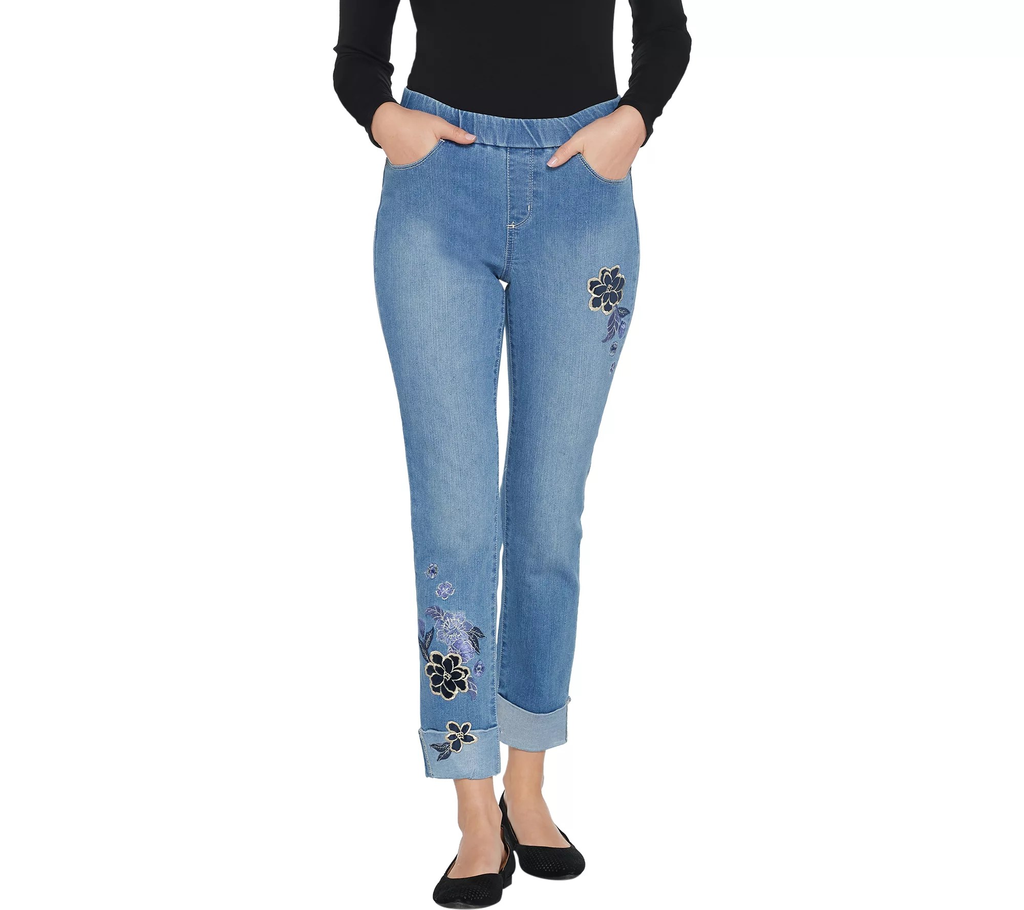 "As Is" Denim & Co. PullOn Floral Embroidered Cuffed Jeans