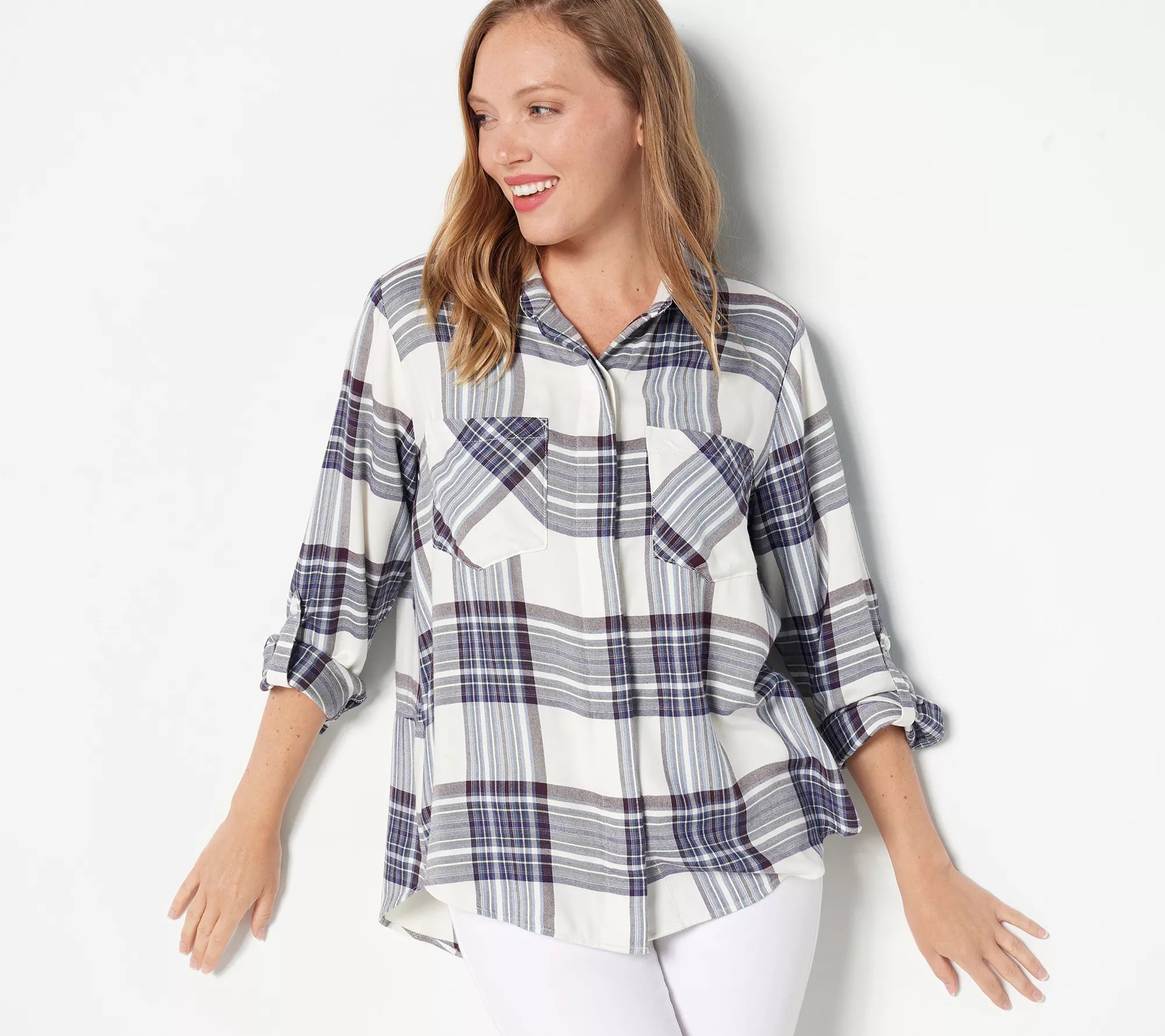 "As Is" Side Stitch Super Soft Brushed Plaid Button Down Top