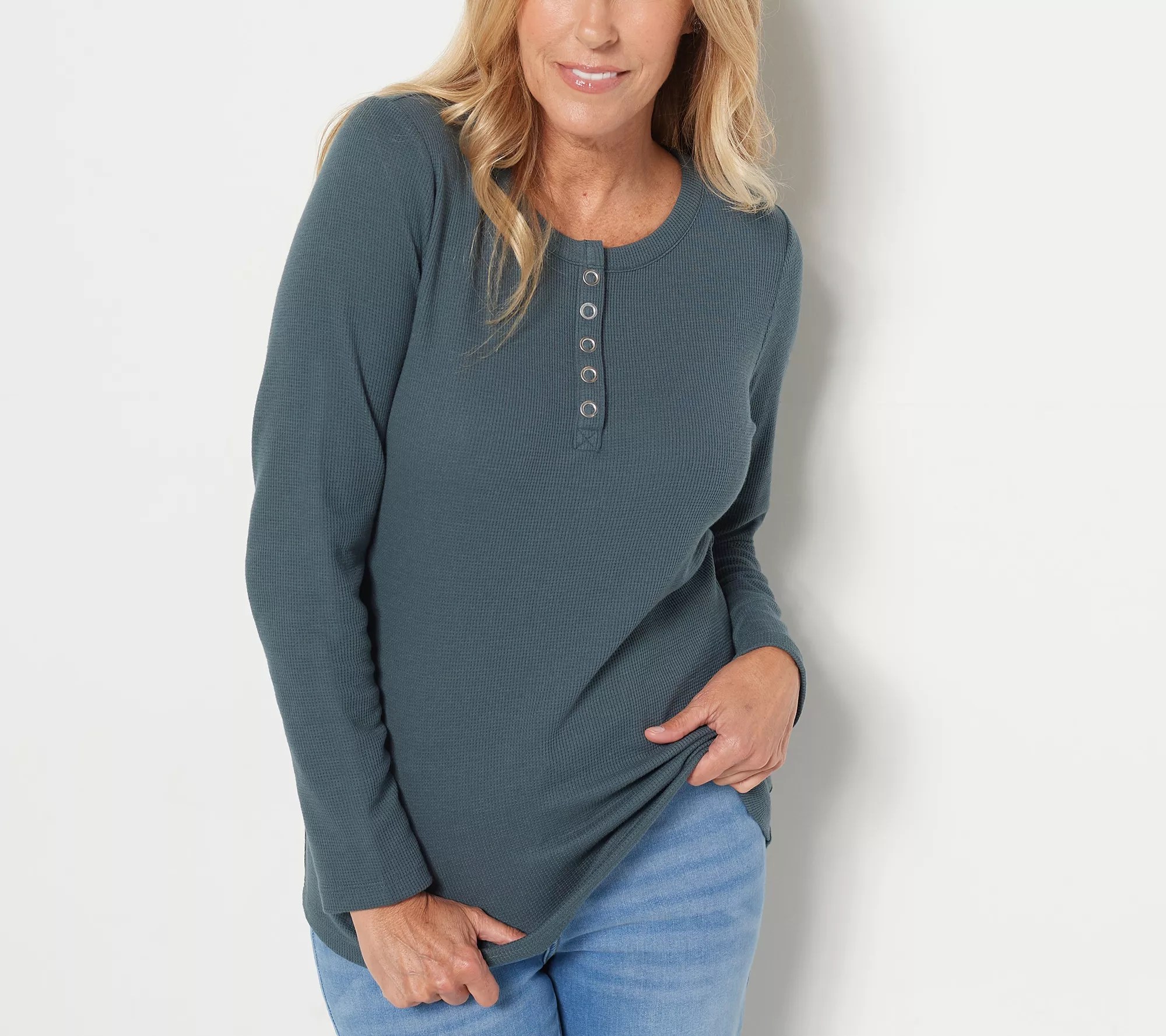 Denim & Co. Essentials Waffle Knit Henley Top with Curved Hem