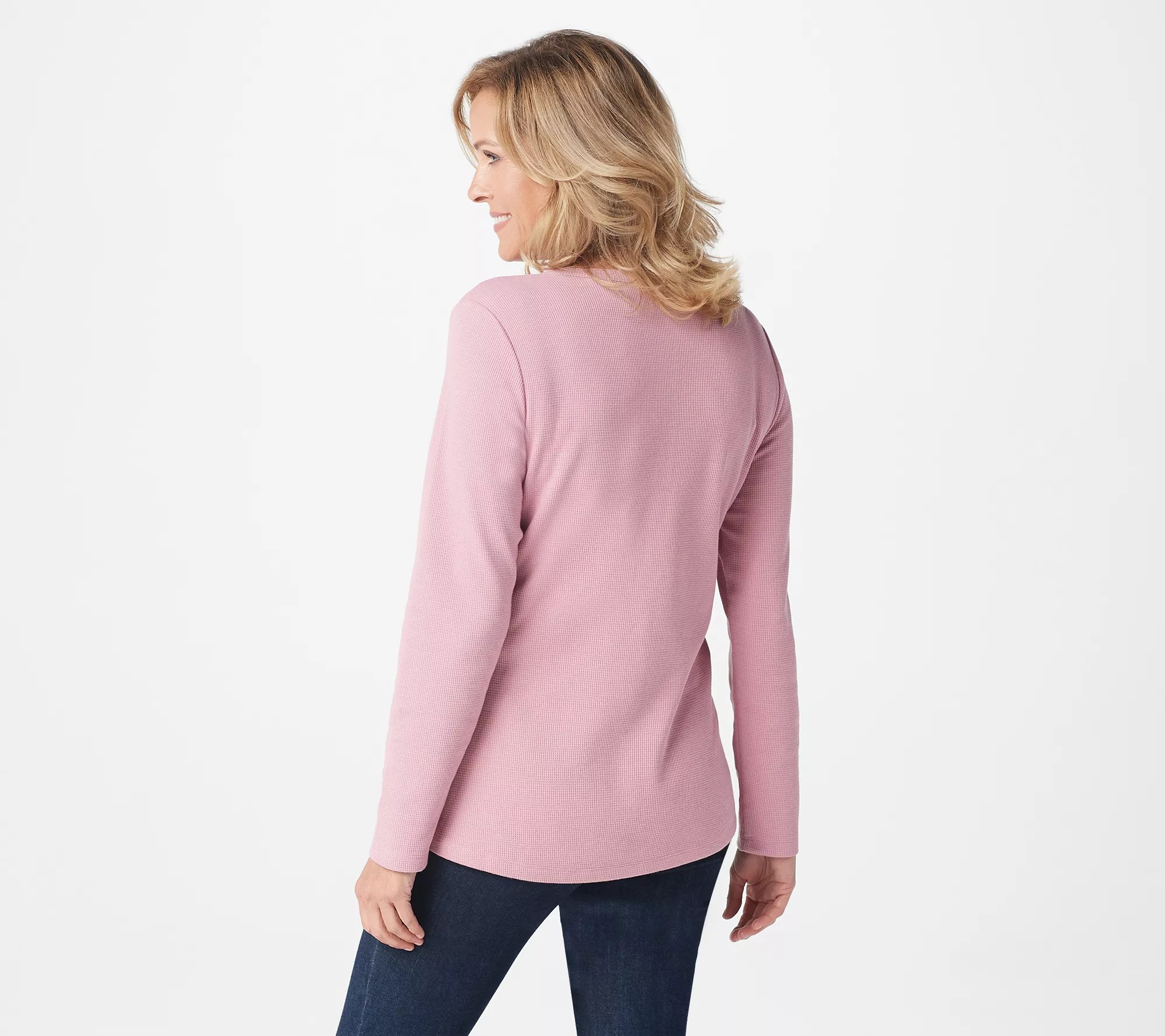 Denim & Co. Essentials Waffle Knit Henley Top with Curved Hem