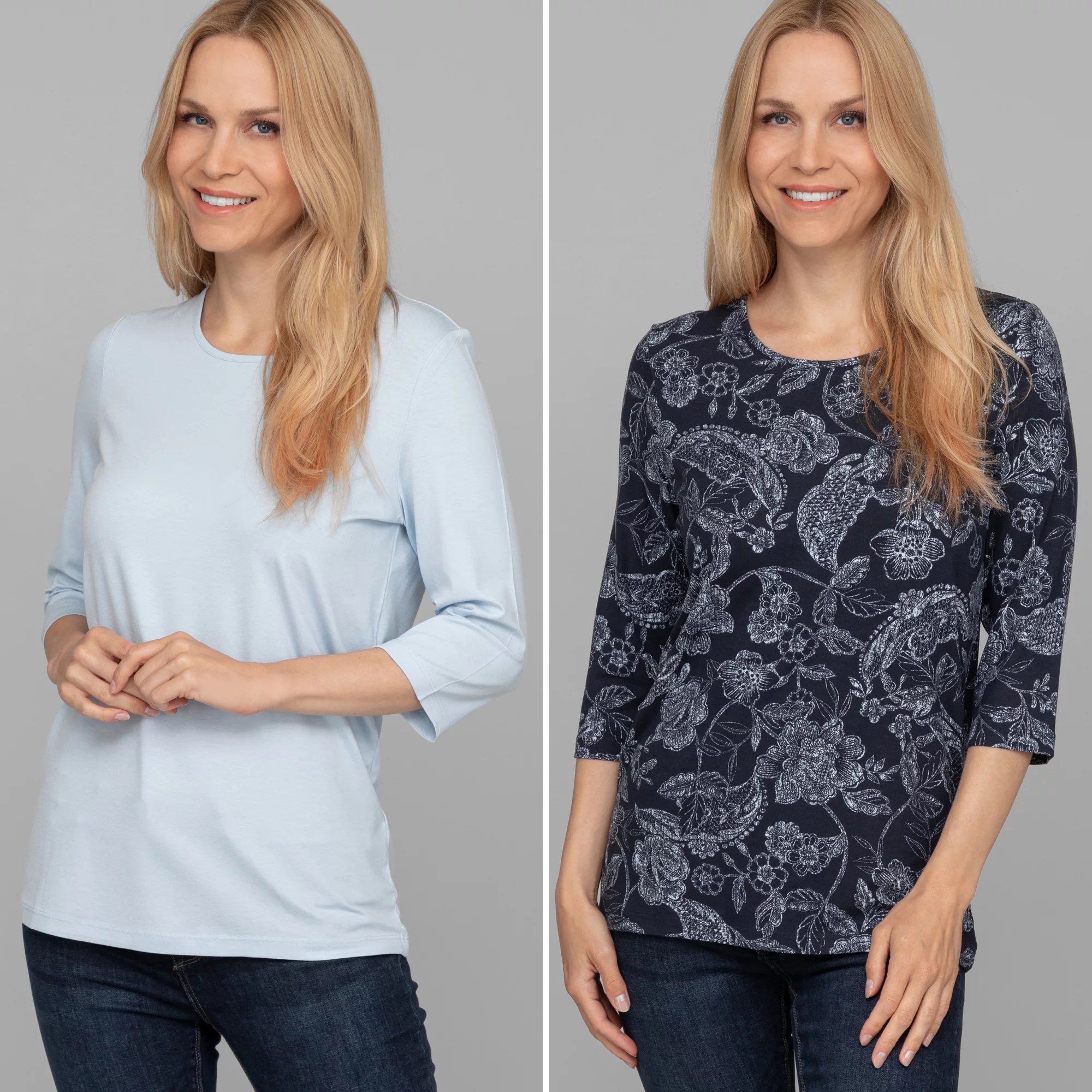 DENIM & CO. 2 Shirts 3/4Arm Rundhalsausschnitt uni und bedruckt QVC.de
