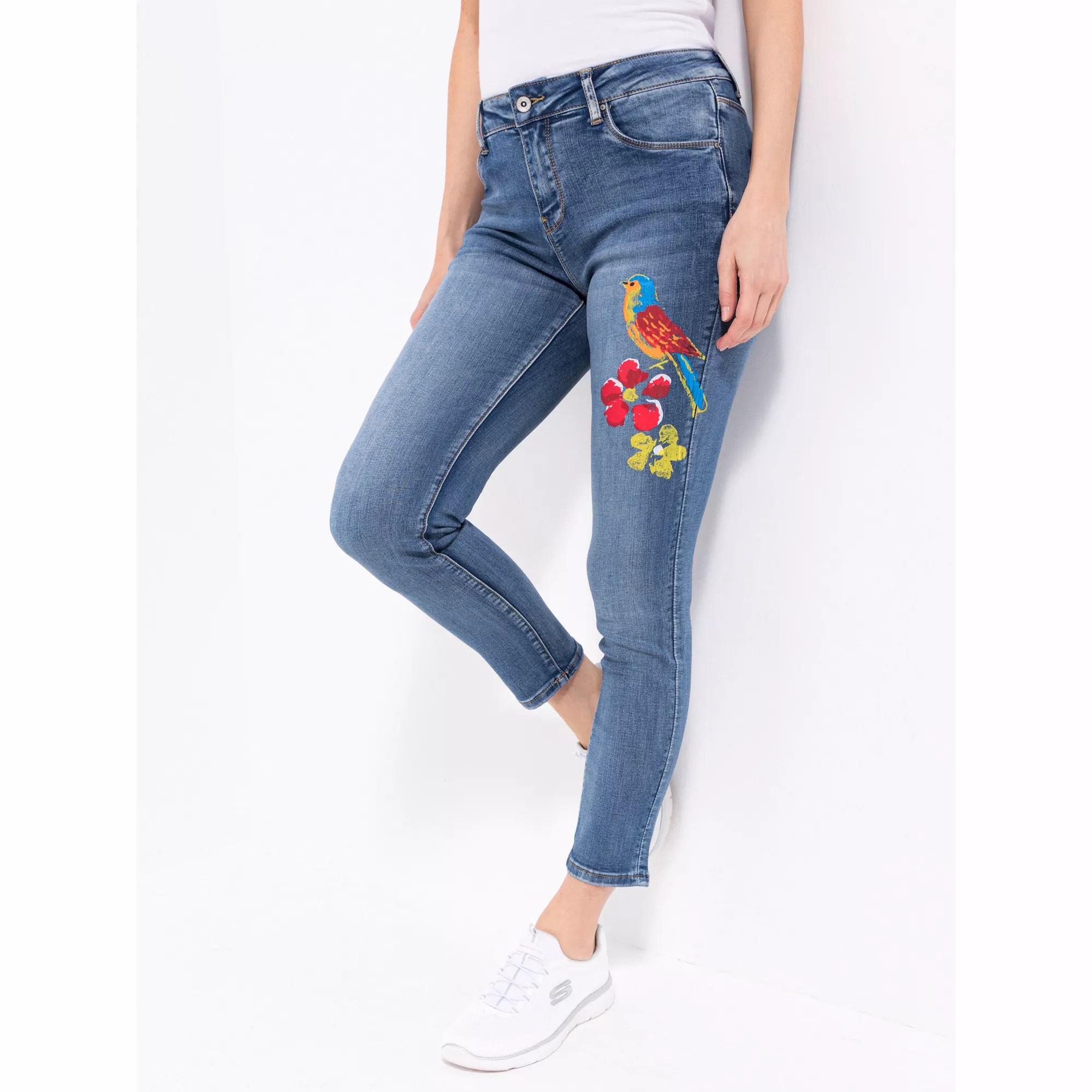 DINE 'N' DANCE Jeans Salsa 5PocketStyle Vogeldruck schmales Bein QVC.de