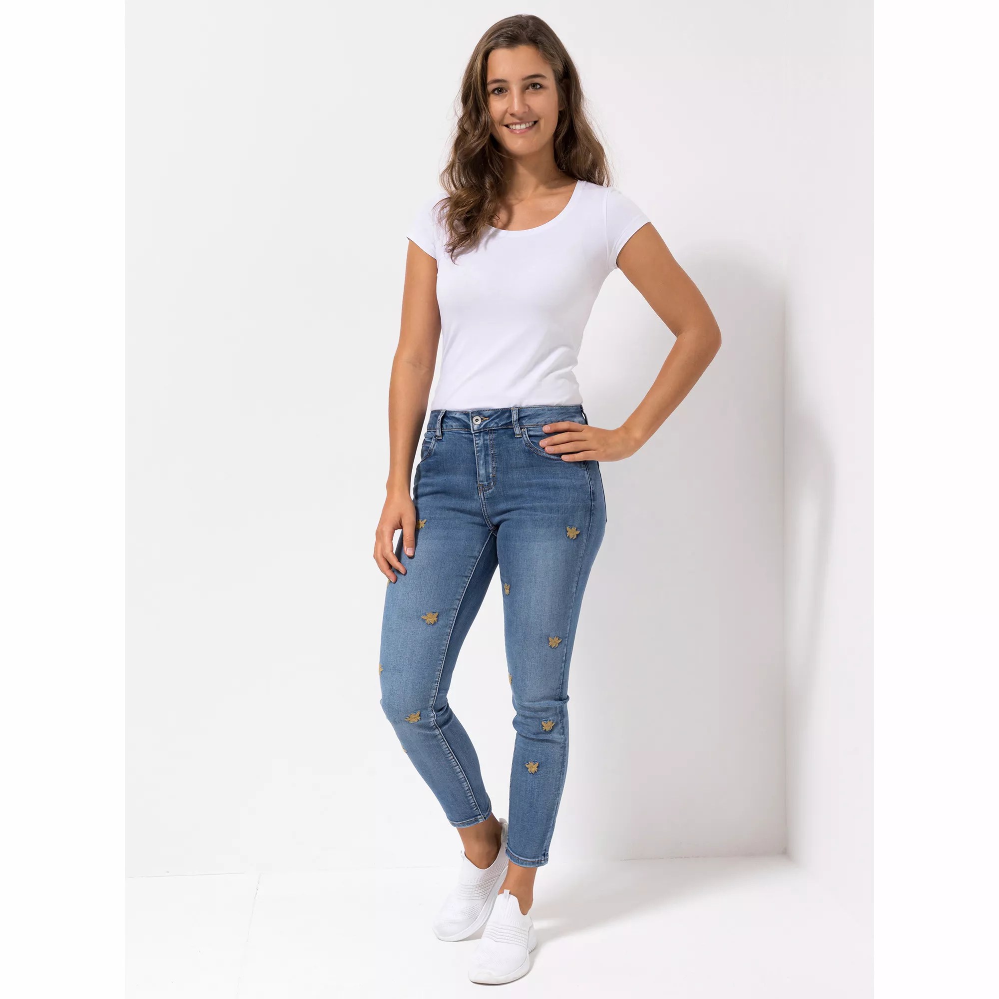 DINE 'N' DANCE Jeanshose Salsa Bienenstickerei knöchellang schmales