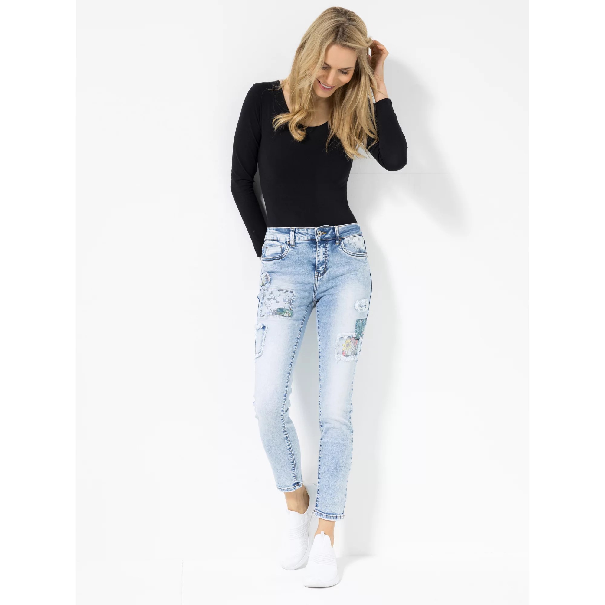 DINE 'N' DANCE Jeans Salsa UsedLook Patchdetails schmales Bein QVC.de