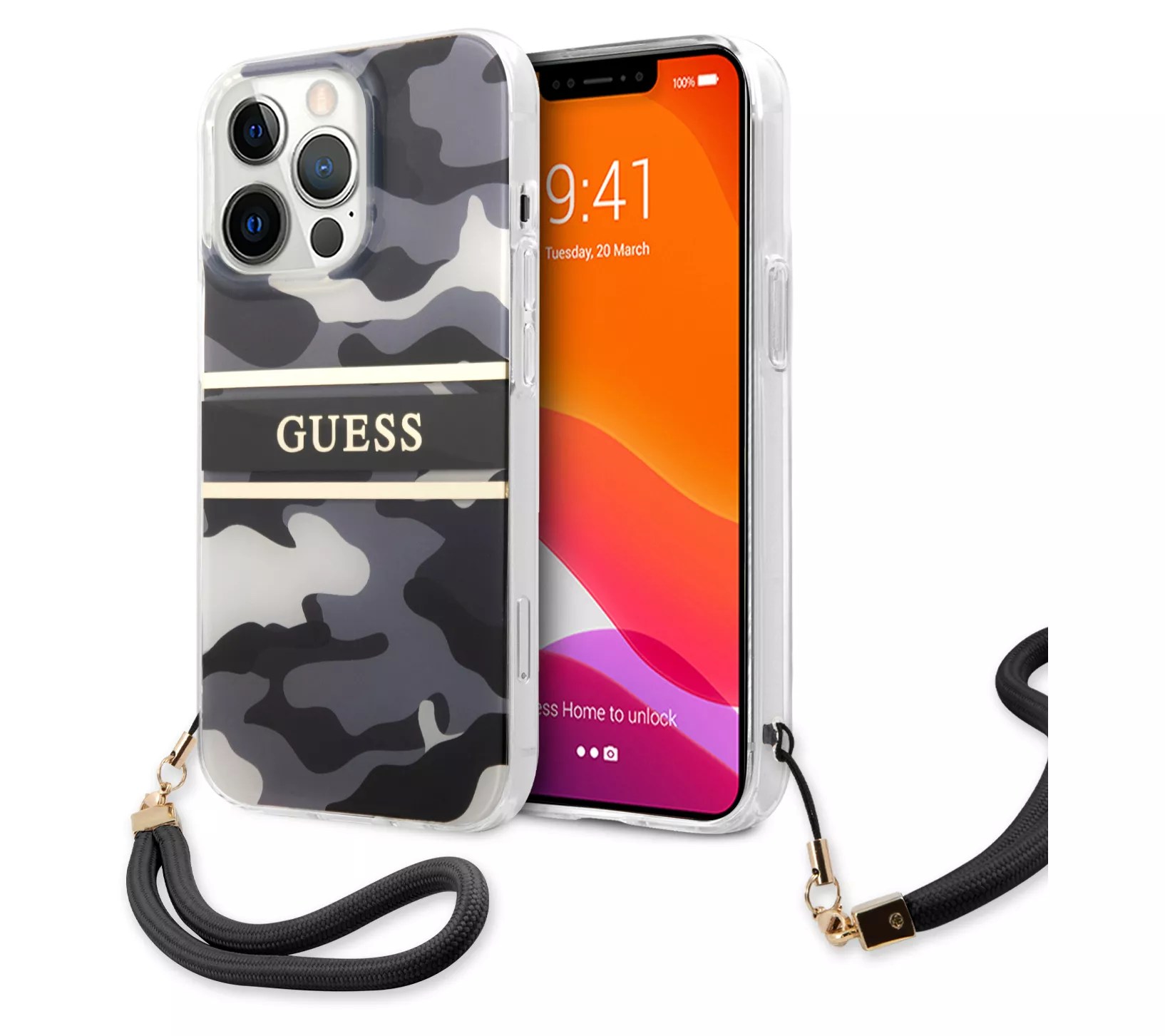 Guess iPhone 13 Pro Hard Case Camo Design w/Nylon Strap