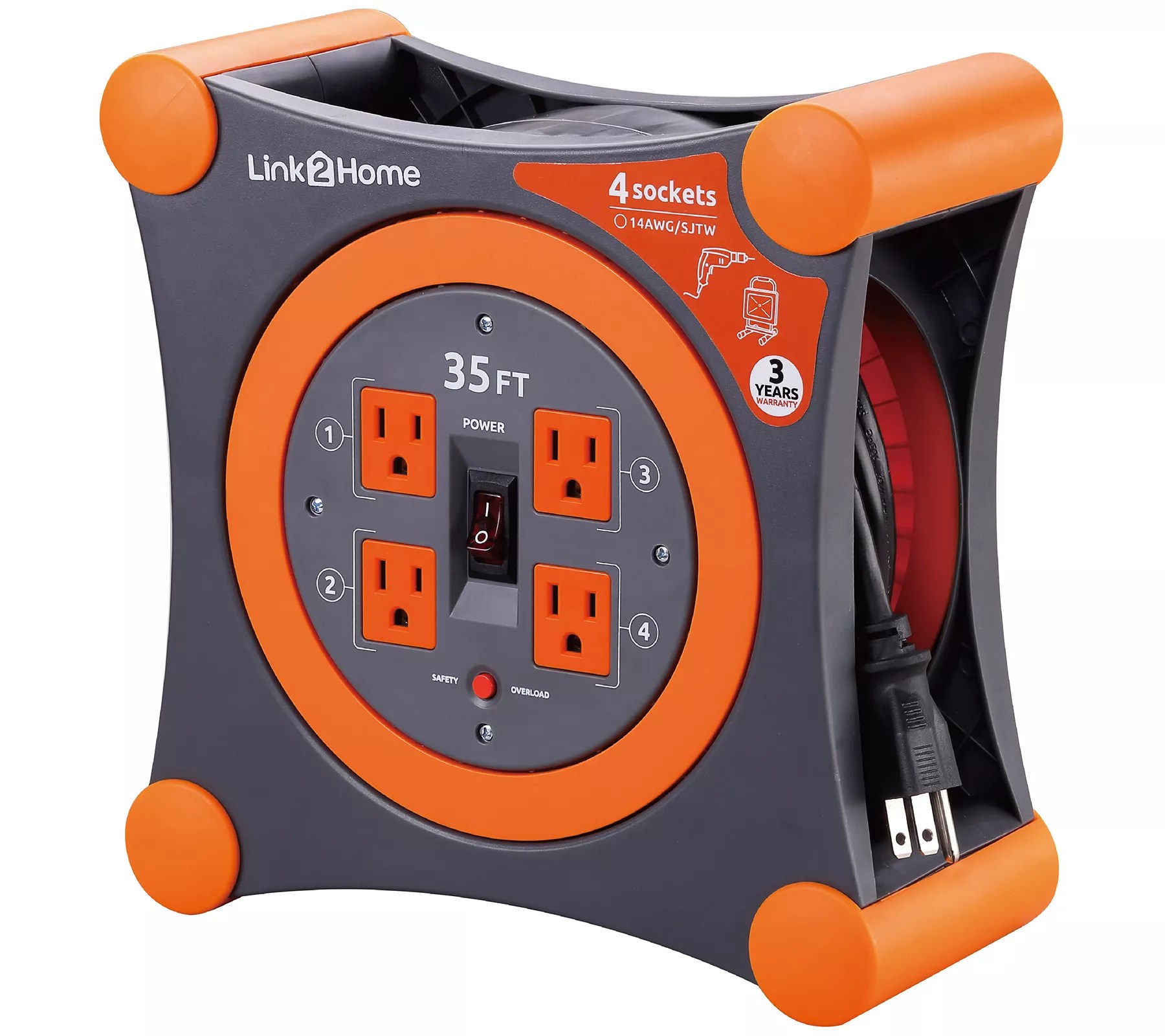Link2Home 35' Extension Cord Reel with 4 Grouned Outlets