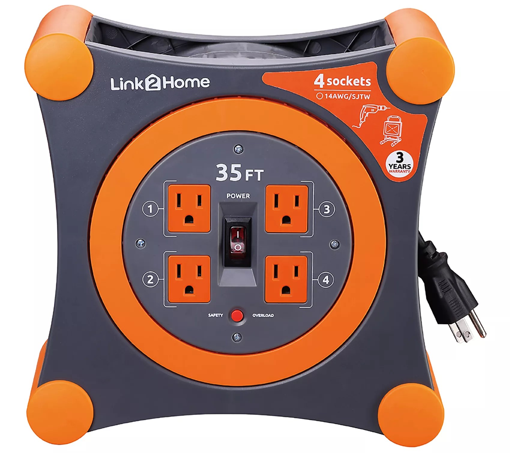 Link2Home 35' Extension Cord Reel with 4 Grouned Outlets