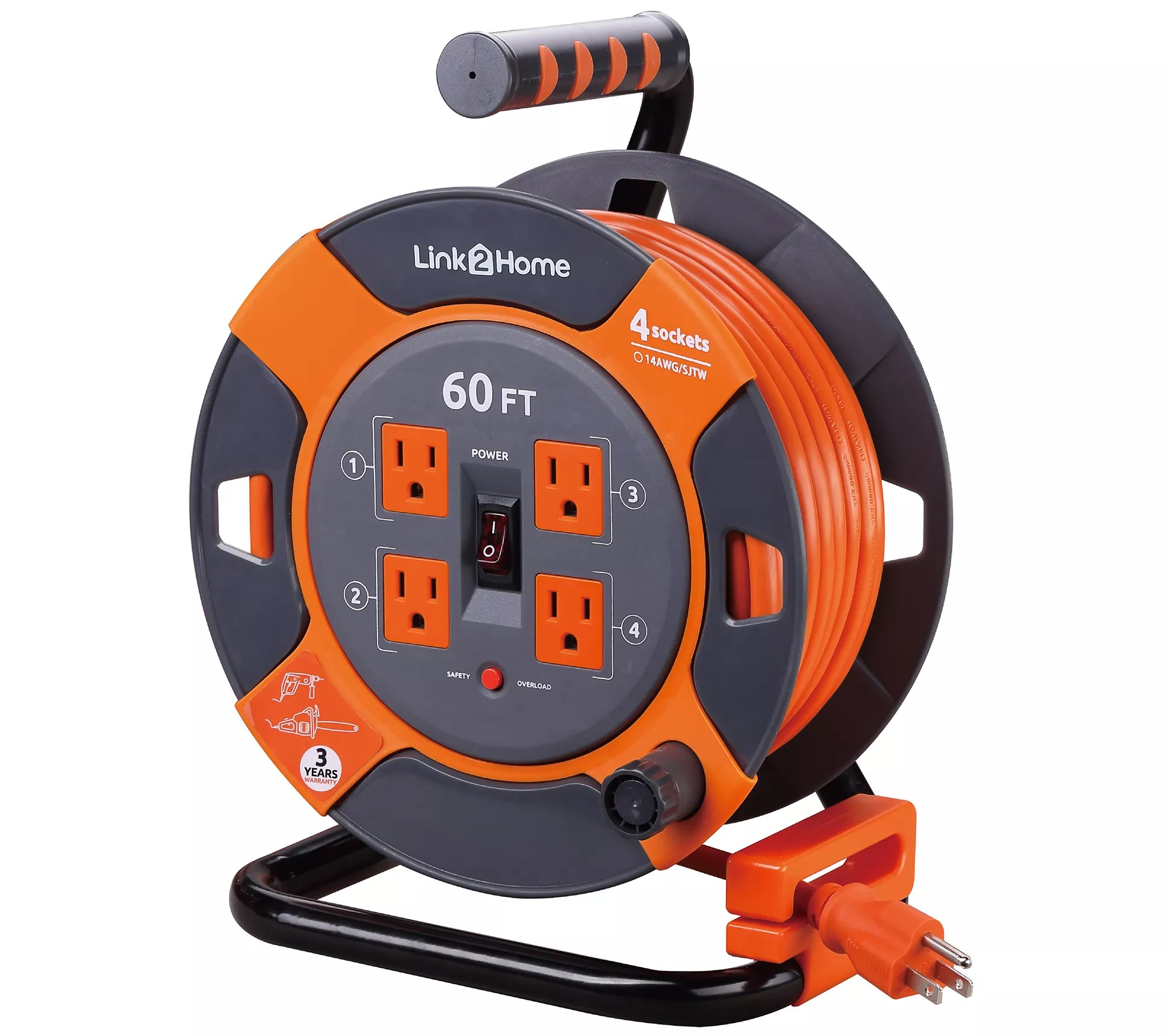 Link2Home 60' Extension Cord Reel with 4 Grouned Outlets
