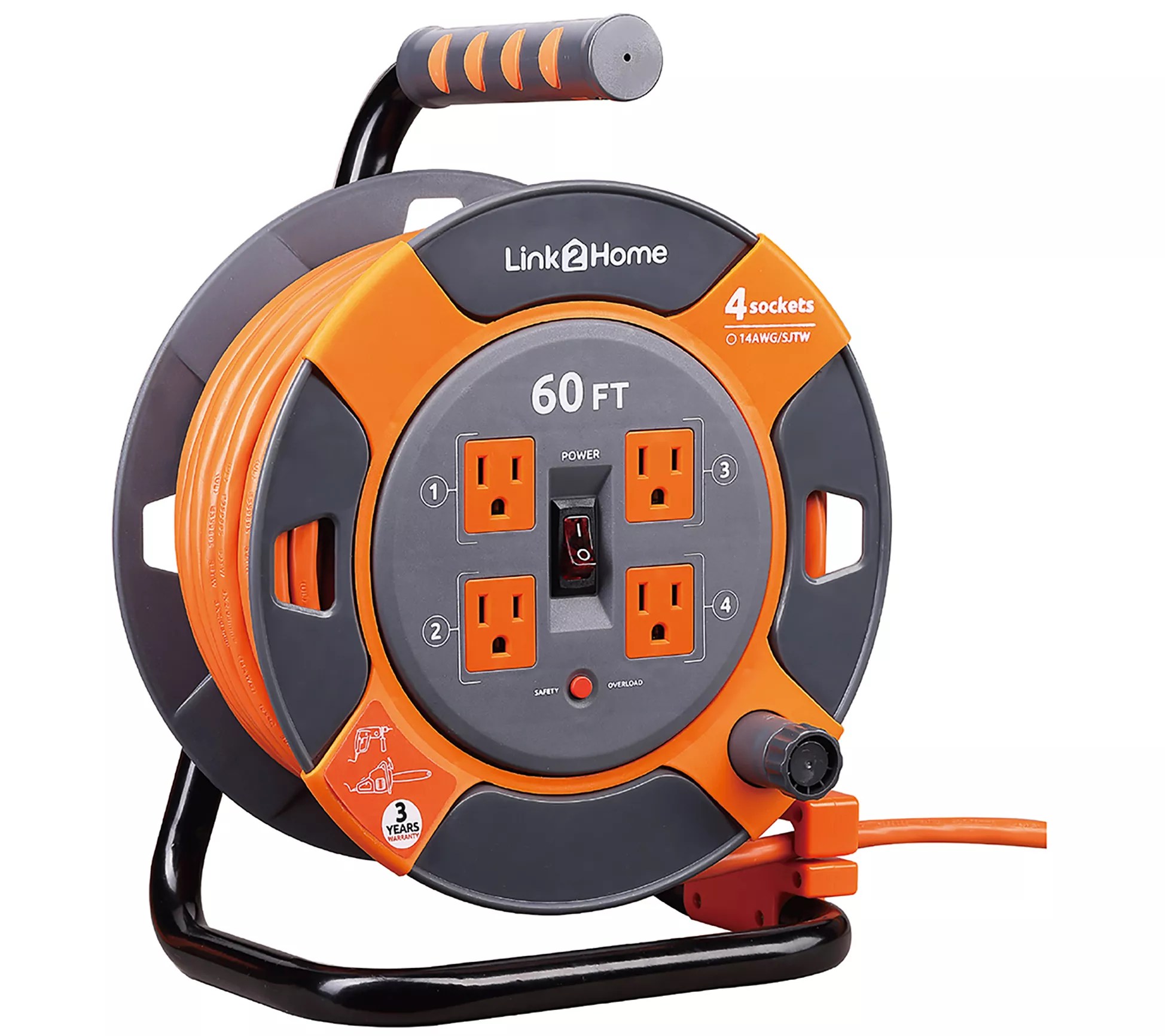 Link2Home 60' Extension Cord Reel with 4 Grouned Outlets