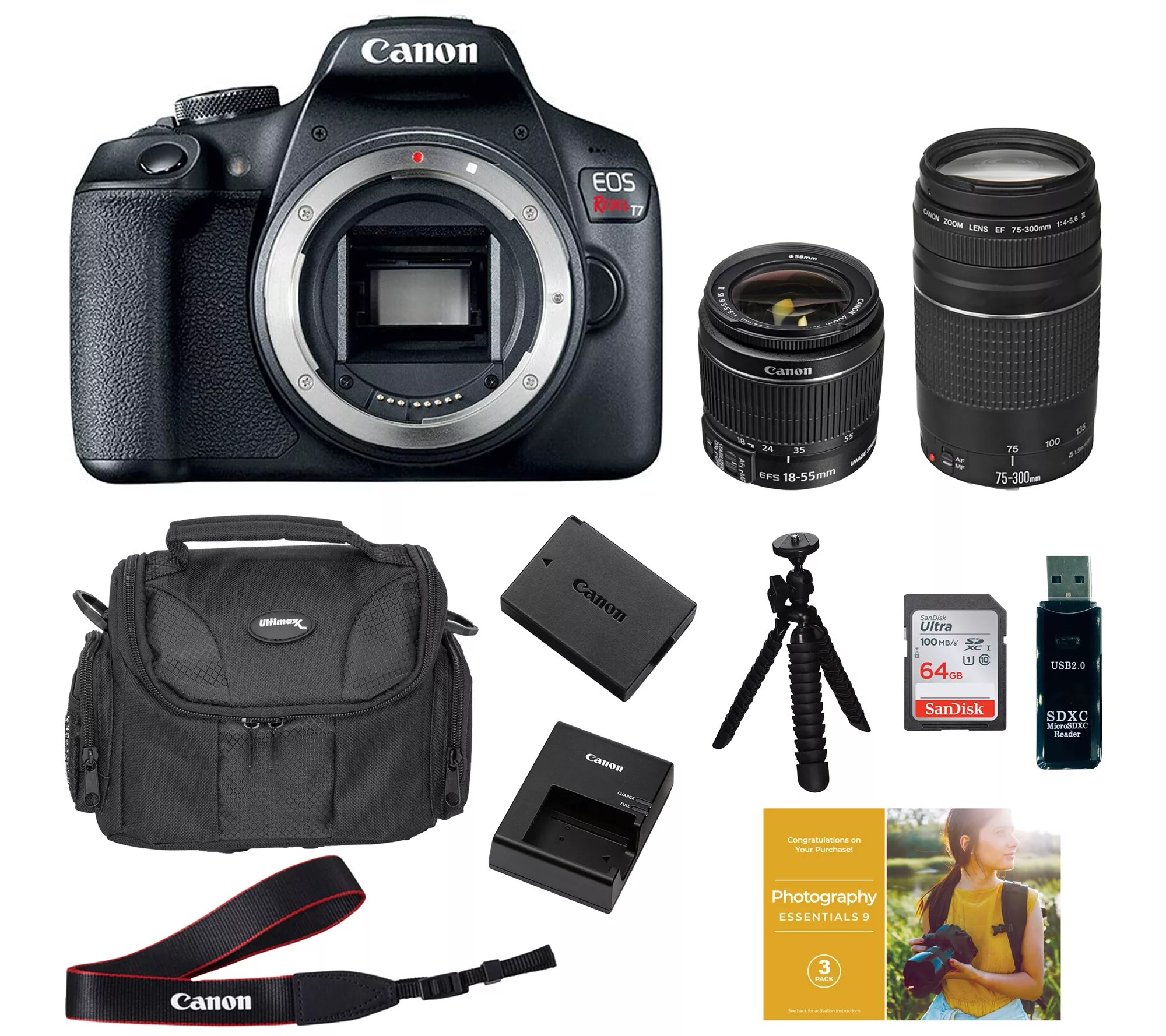 Canon EOS Rebel T7 DSLR Camera with 1855mm and 75300mm