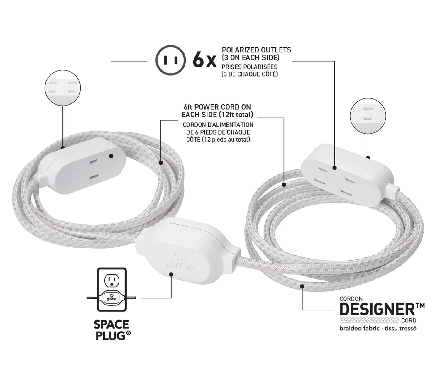 Globe Electric Twin Extension Cords with AC S/2