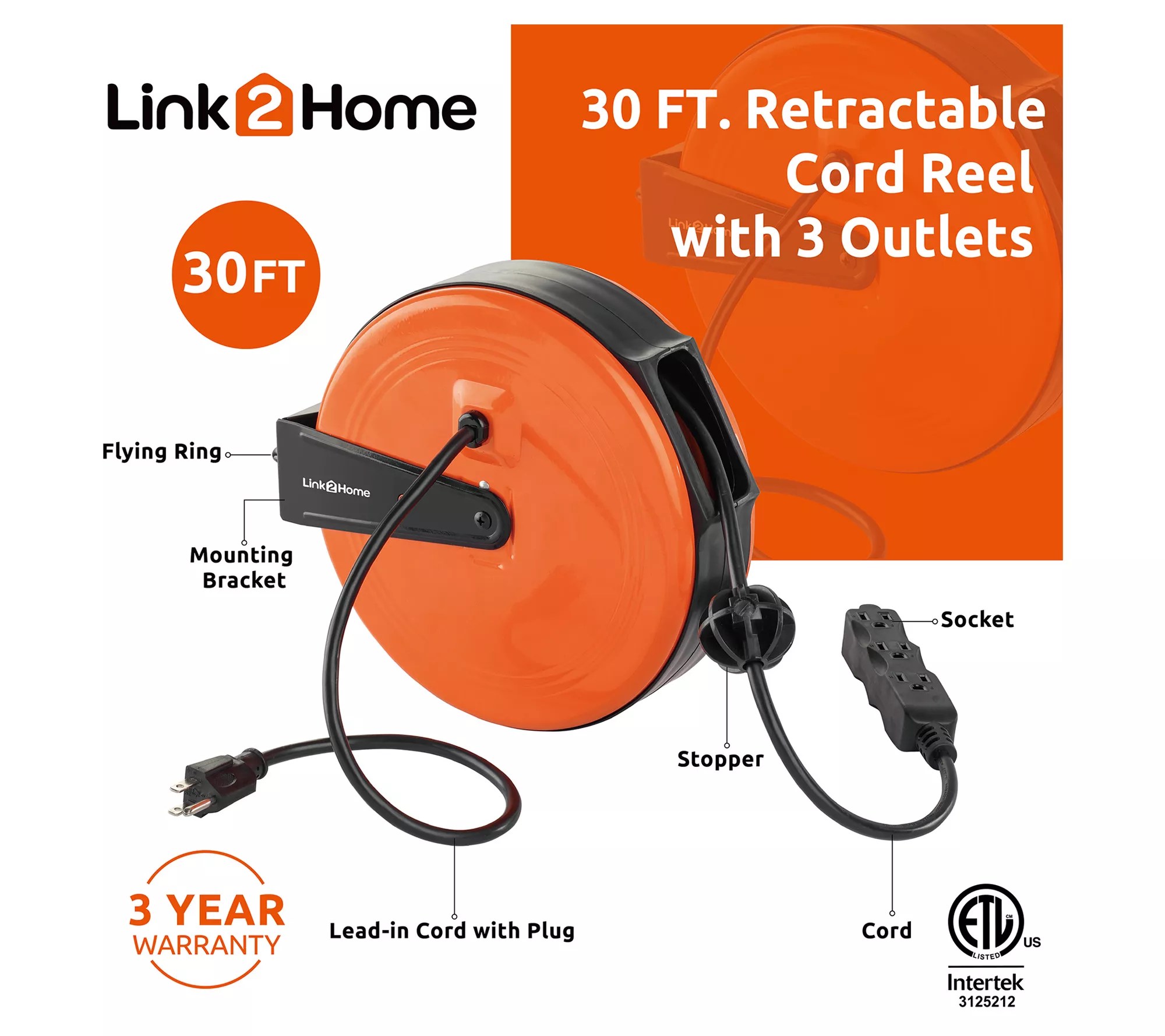 Link2Home Cord Reel 30' Indoor Extension Cord