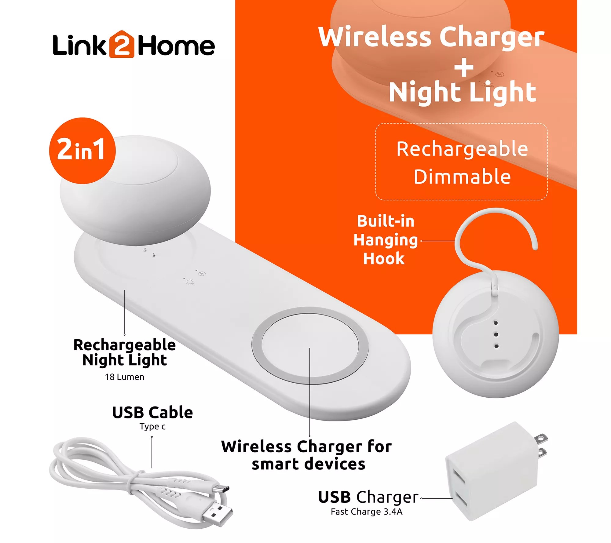 Link2Home 10W Wireless Smartphone Charger w/ Nightlight