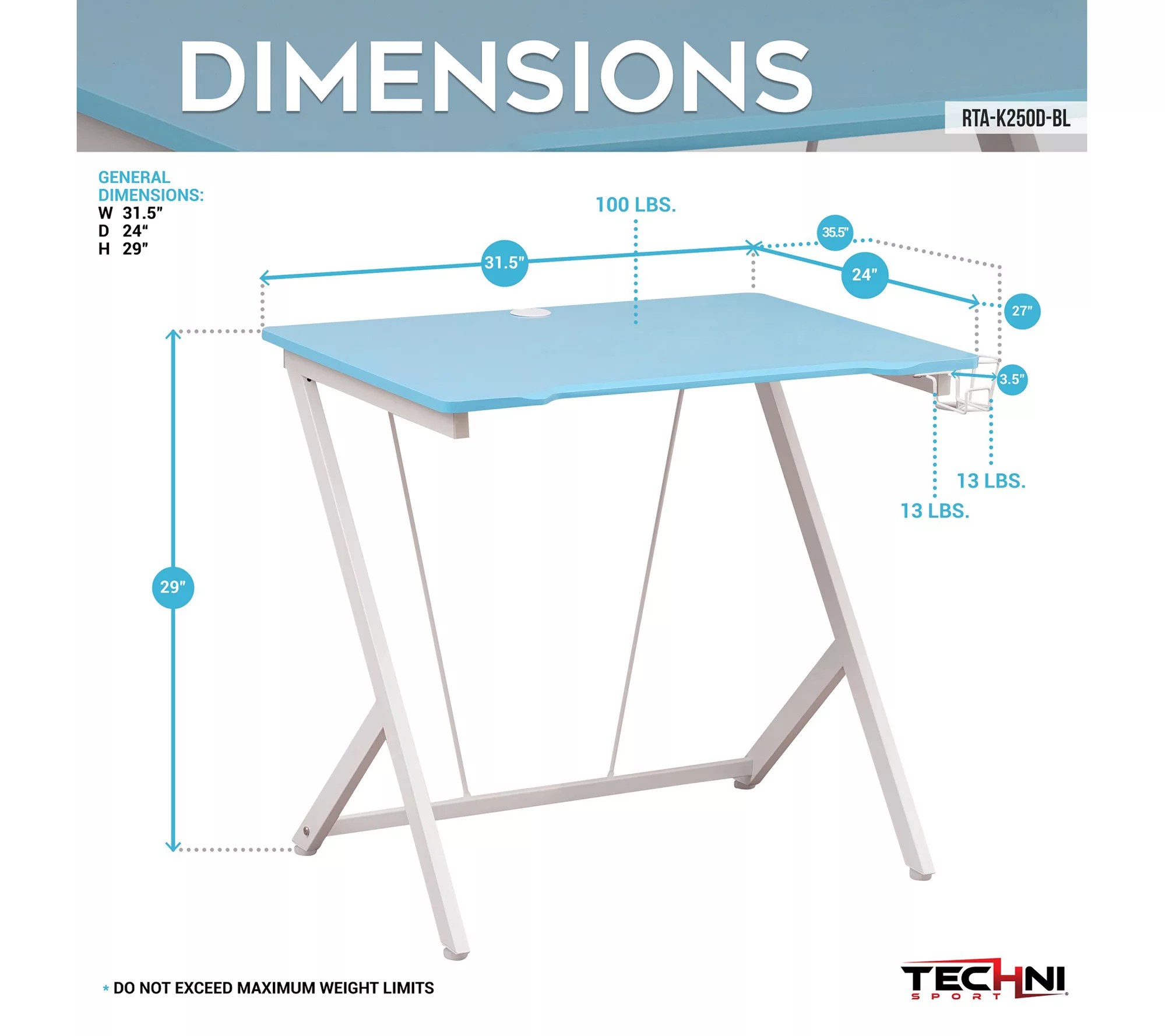 Techni Sport 23.62" Rectangular Kids Computer Gaming Desk