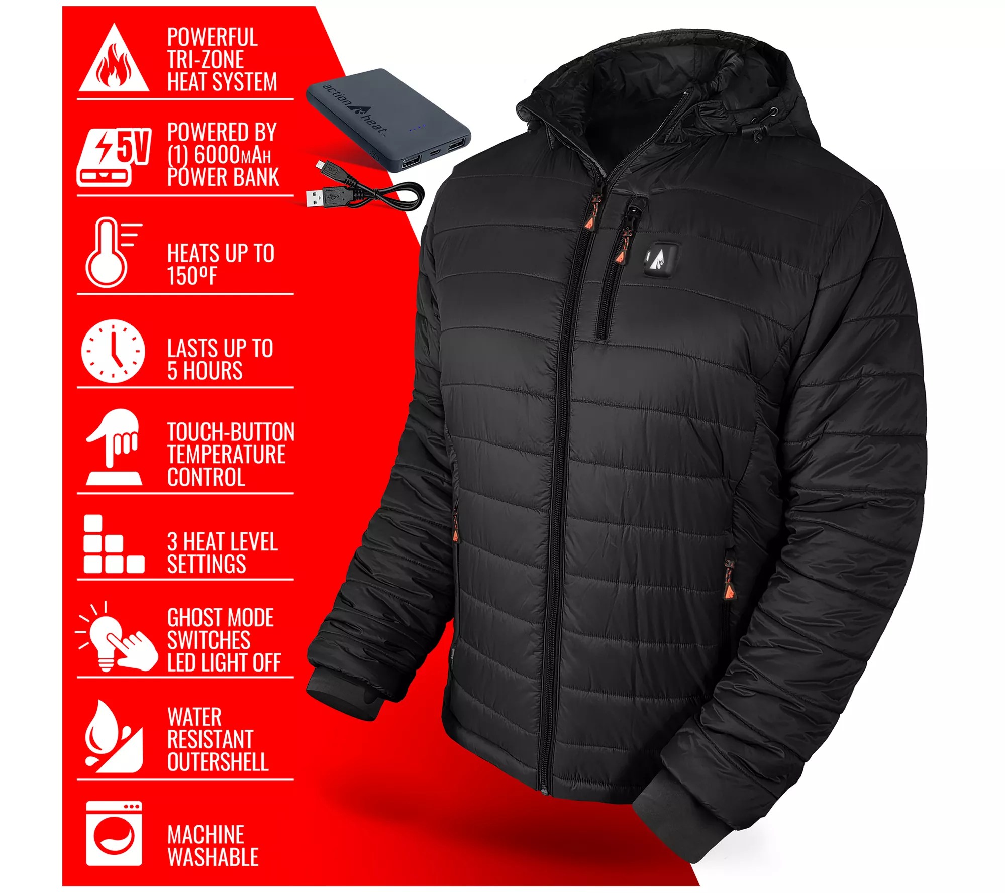 ActionHeat Men's 5V BatteryHeated Puffer Jacket W/ Hood