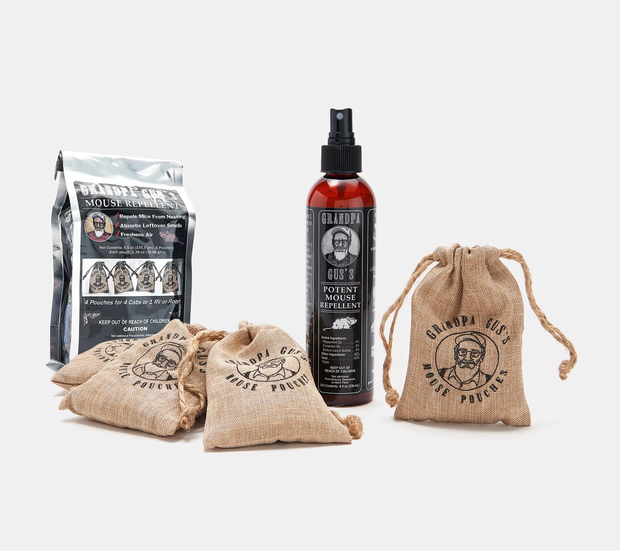 Grandpa Gus Mouse Repellent 4 Scented Burlap Pouches & 8oz Spray