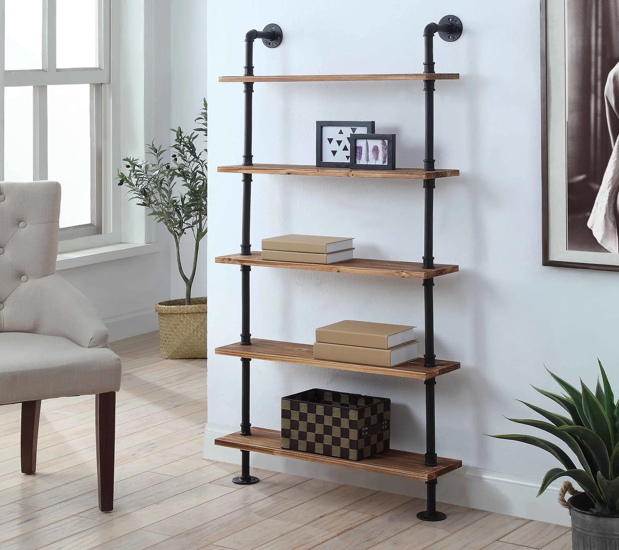 Anacortes Industrial Piping 5Shelf Black Pipe/ Wood Shelves