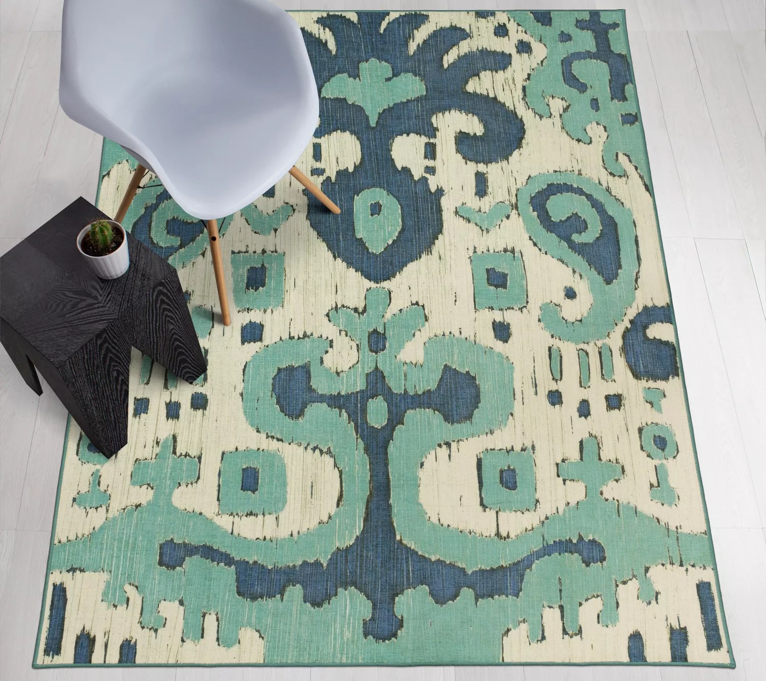 My Magic Carpet Washable Rug Ochre Ikat Steel Blue 5x7