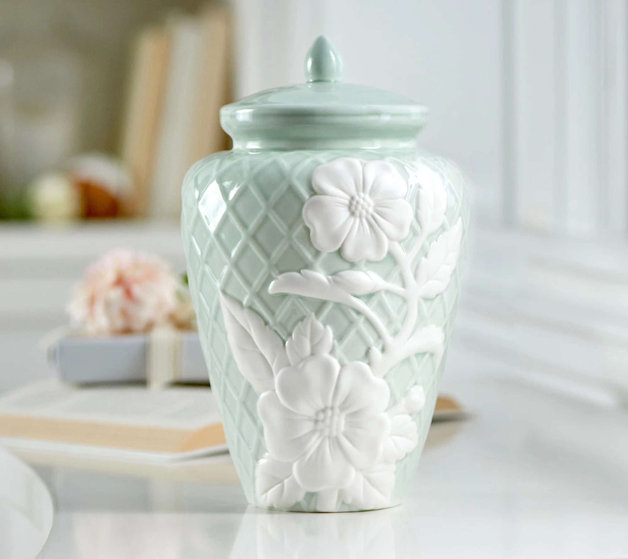 10" Illuminated Floral Embossed Porcelain Ginger Jar by Valerie