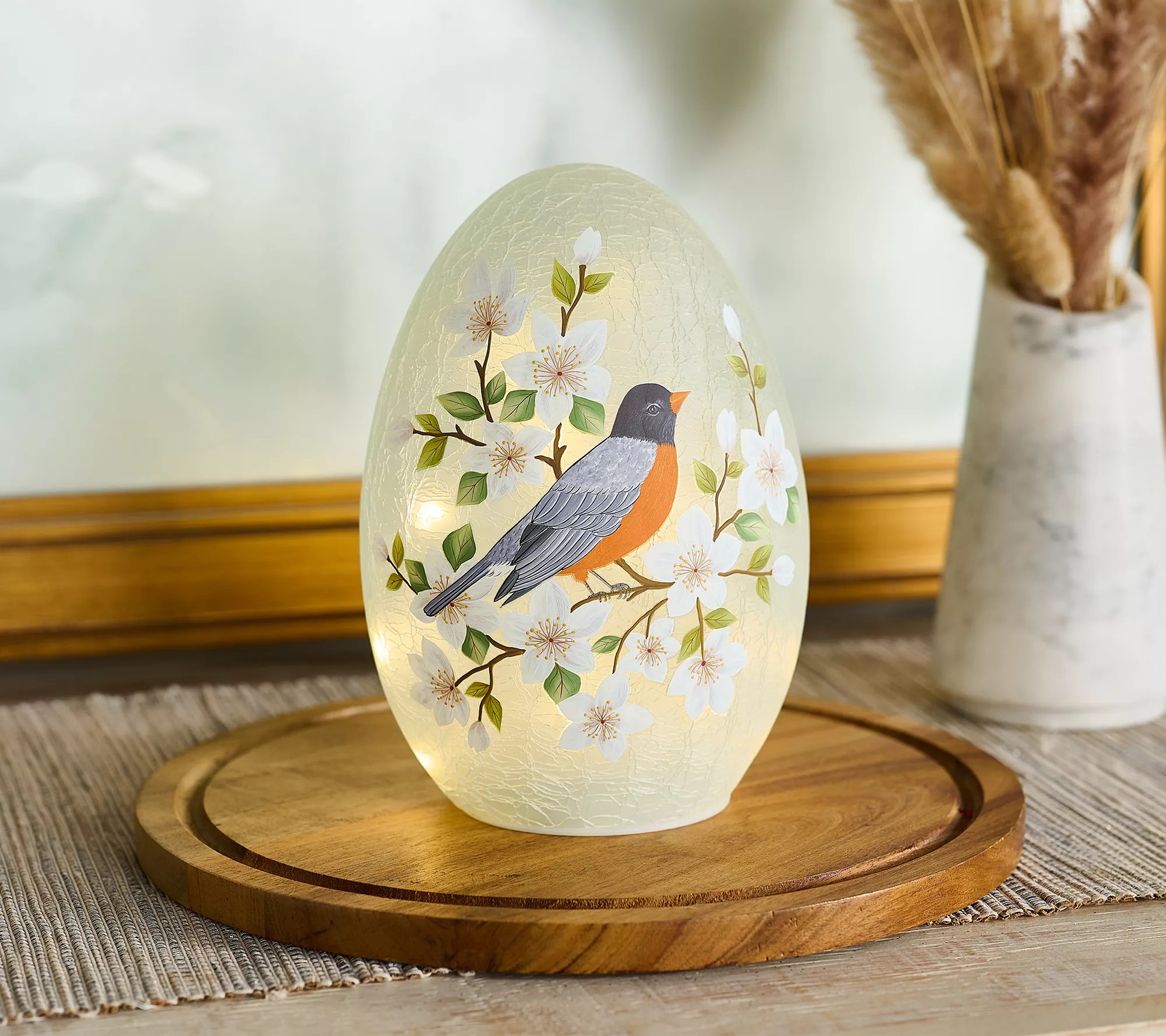 Illuminated Bird and Floral Crackle Glass Egg by Valerie