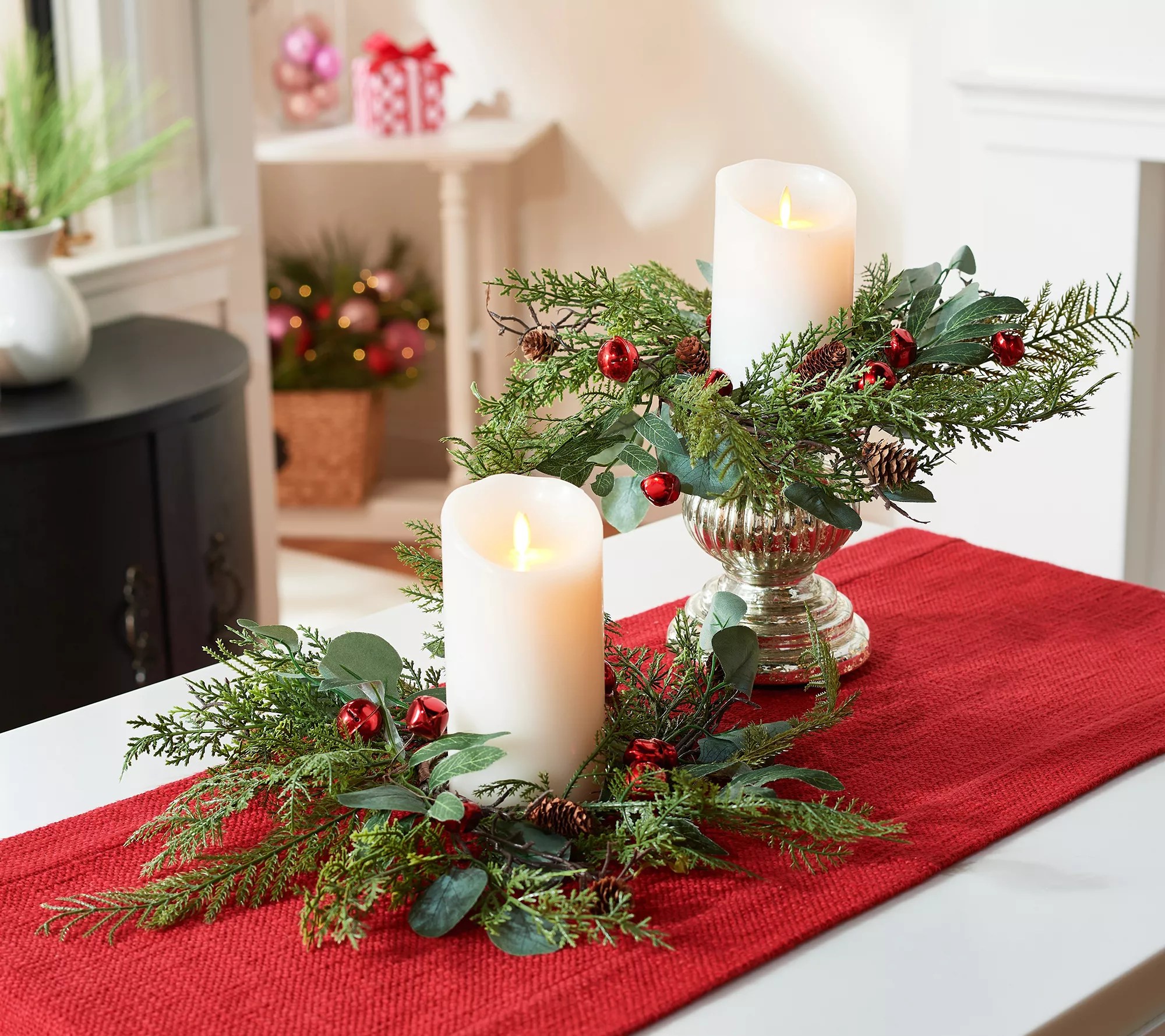 "As Is" S/2 Candle Rings with Jingle Bells and Pinecones