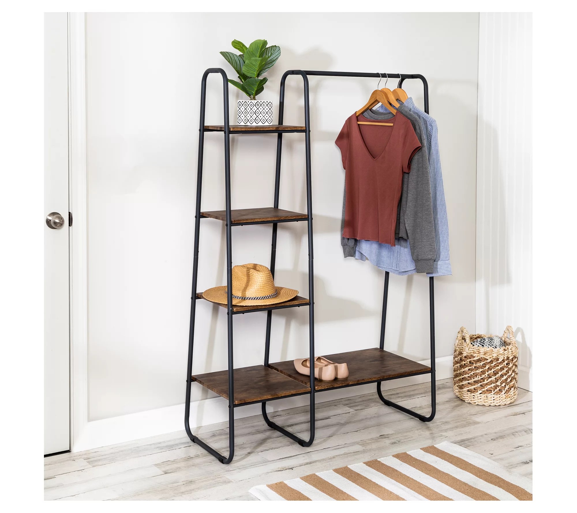 HoneyCanDo Freestanding Metal Clothing Rack w /Wood Shelves