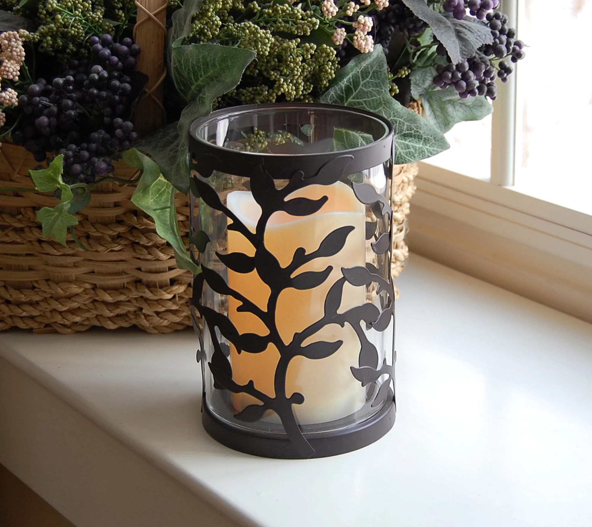 LumaBase 2 Round Vine Metal Lanterns with Flameless Candles