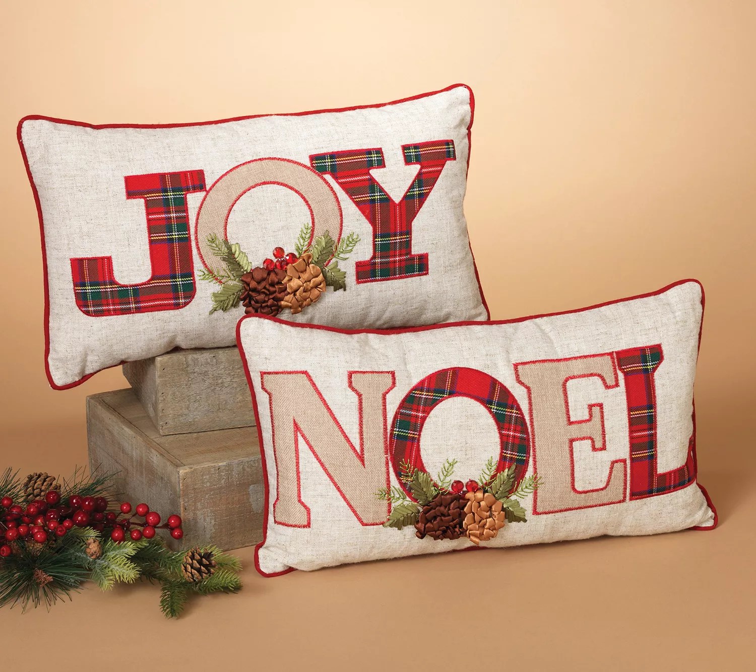 "NOEL" and "JOY" Gray and Red Holiday Throw Pillows (Set of 2)