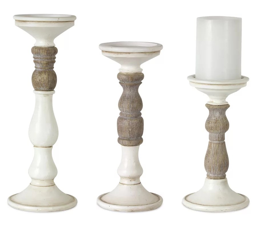 Melrose Ivory Candlesticks with Wood Accent Set of Three