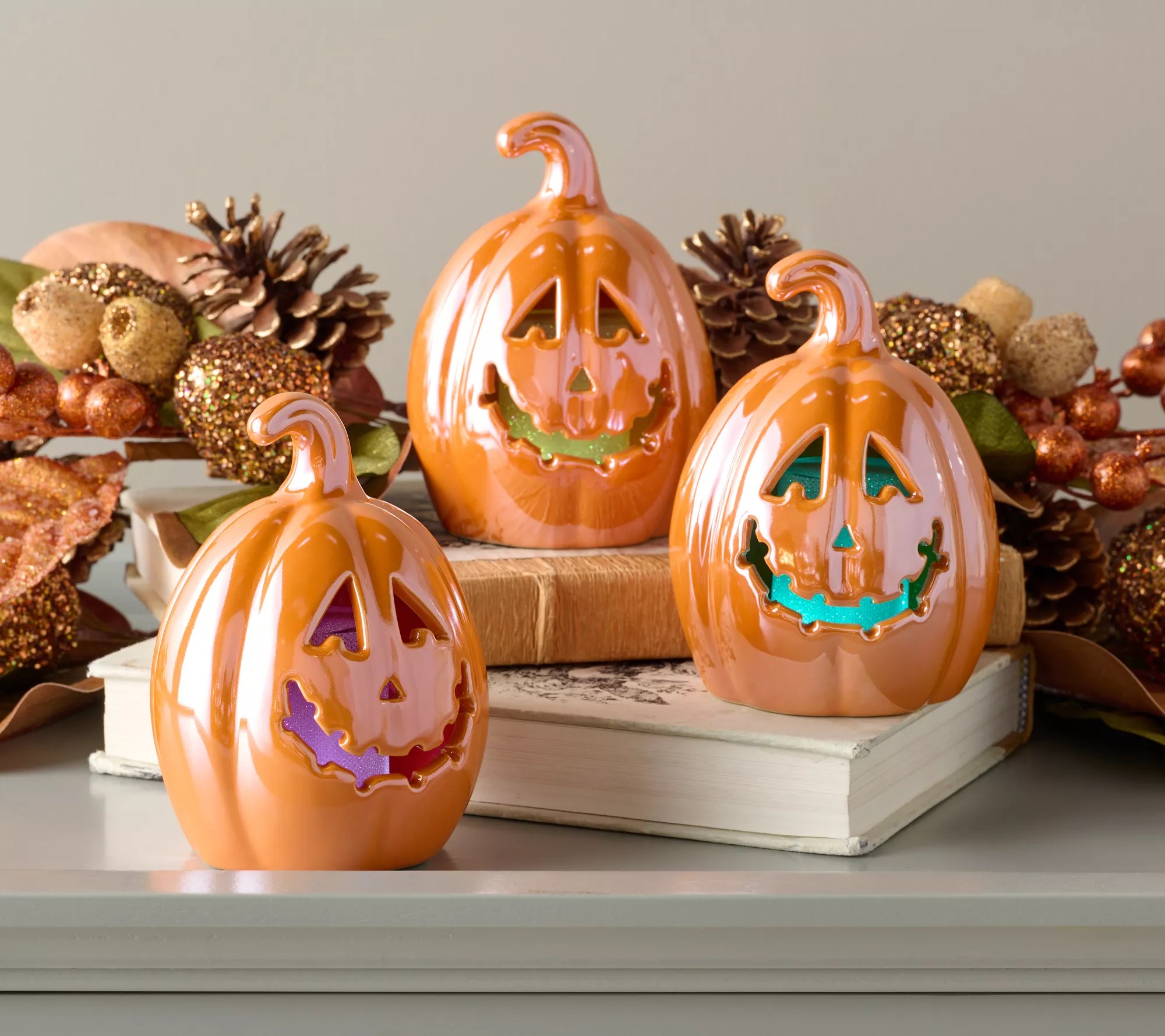Set of 3 Illuminated Ceramic JackOLanterns by Valerie