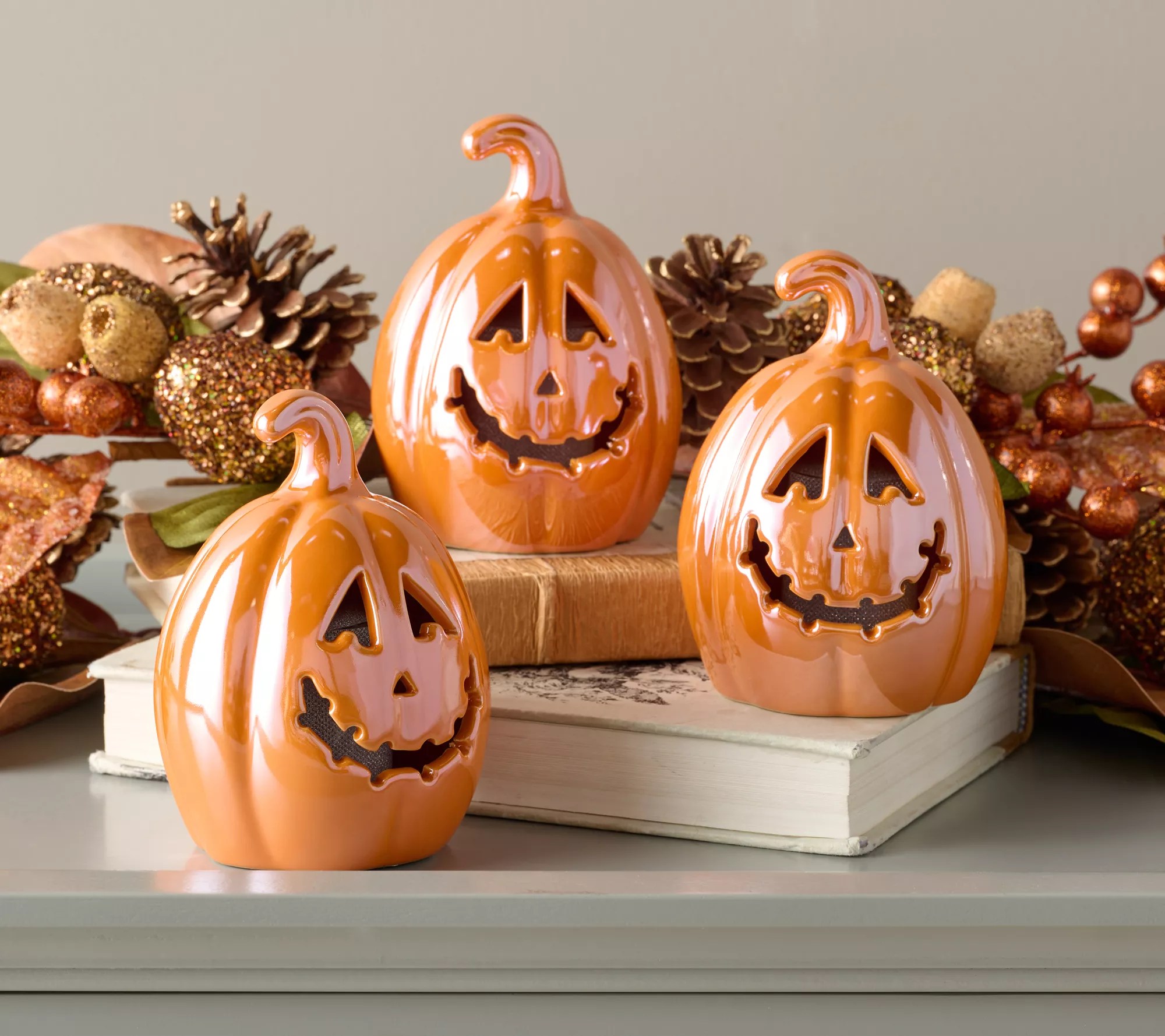 Set of 3 Illuminated Ceramic JackOLanterns by Valerie