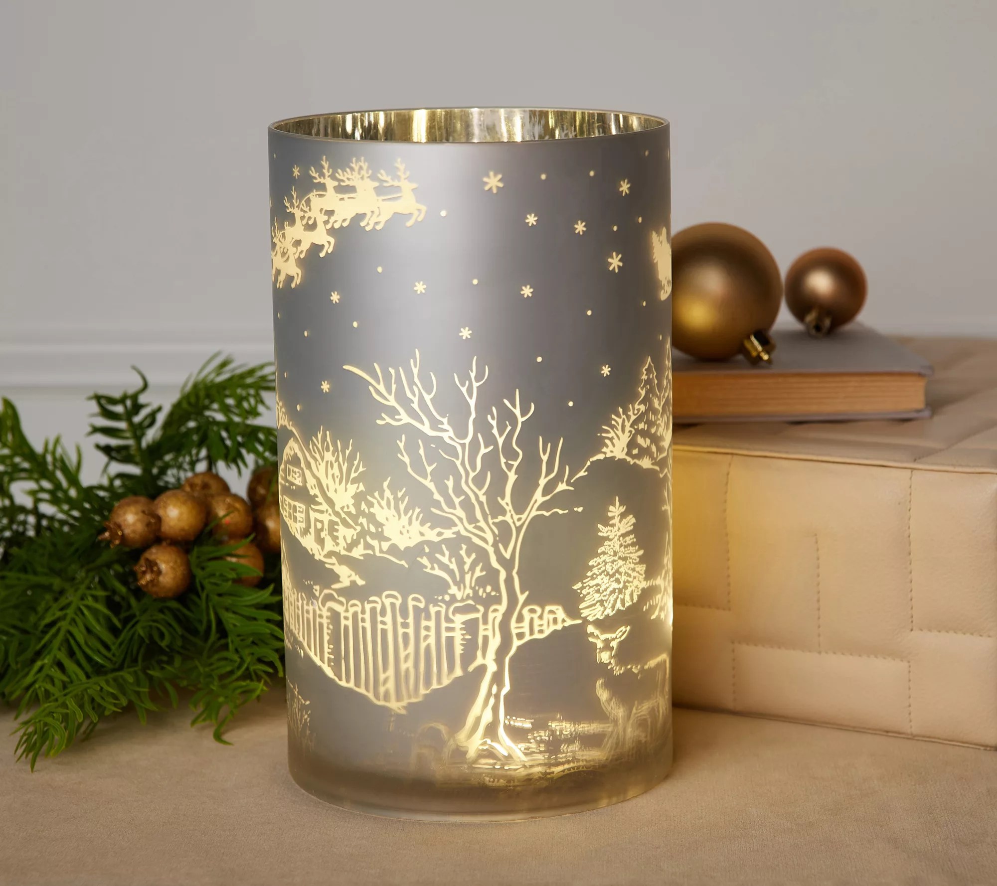 Illuminated 10" Hurricane with Winter Cottage Scene by Valerie