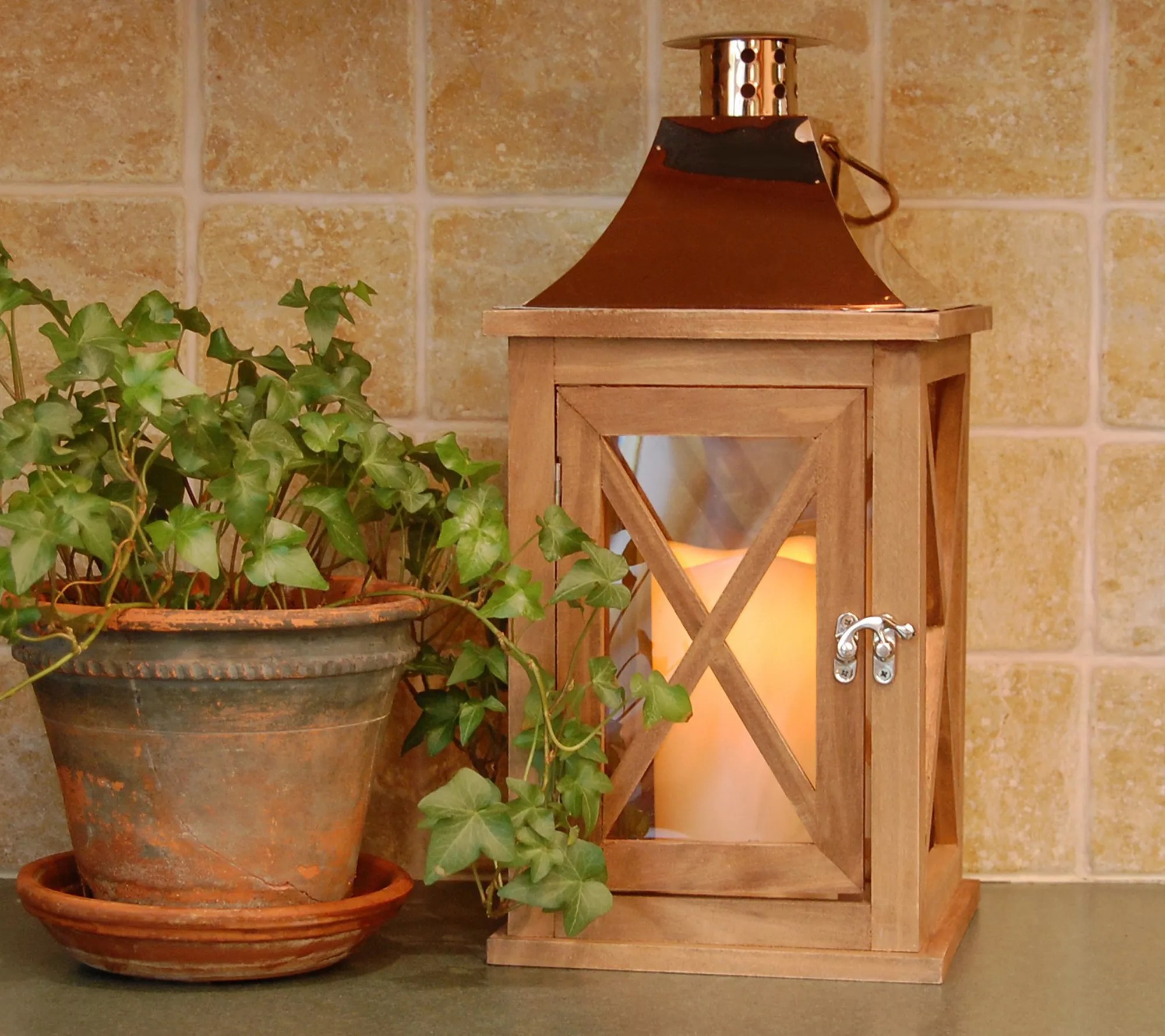 LumaBase Wooden Lantern with Copper Roof and LED Candle