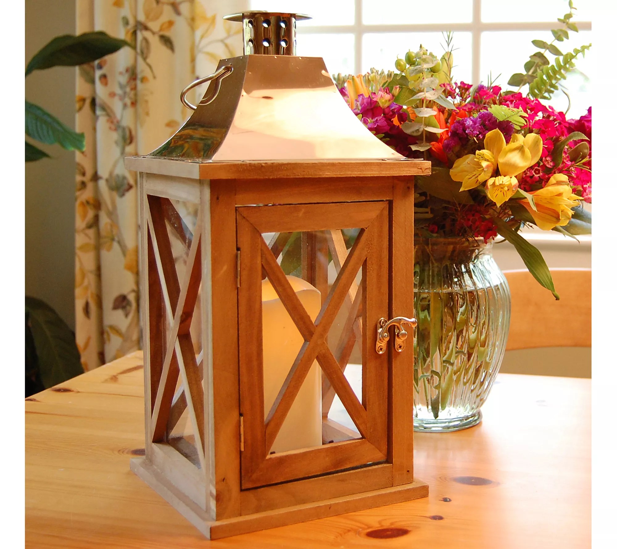 LumaBase Wooden Lantern with Copper Roof and LED Candle