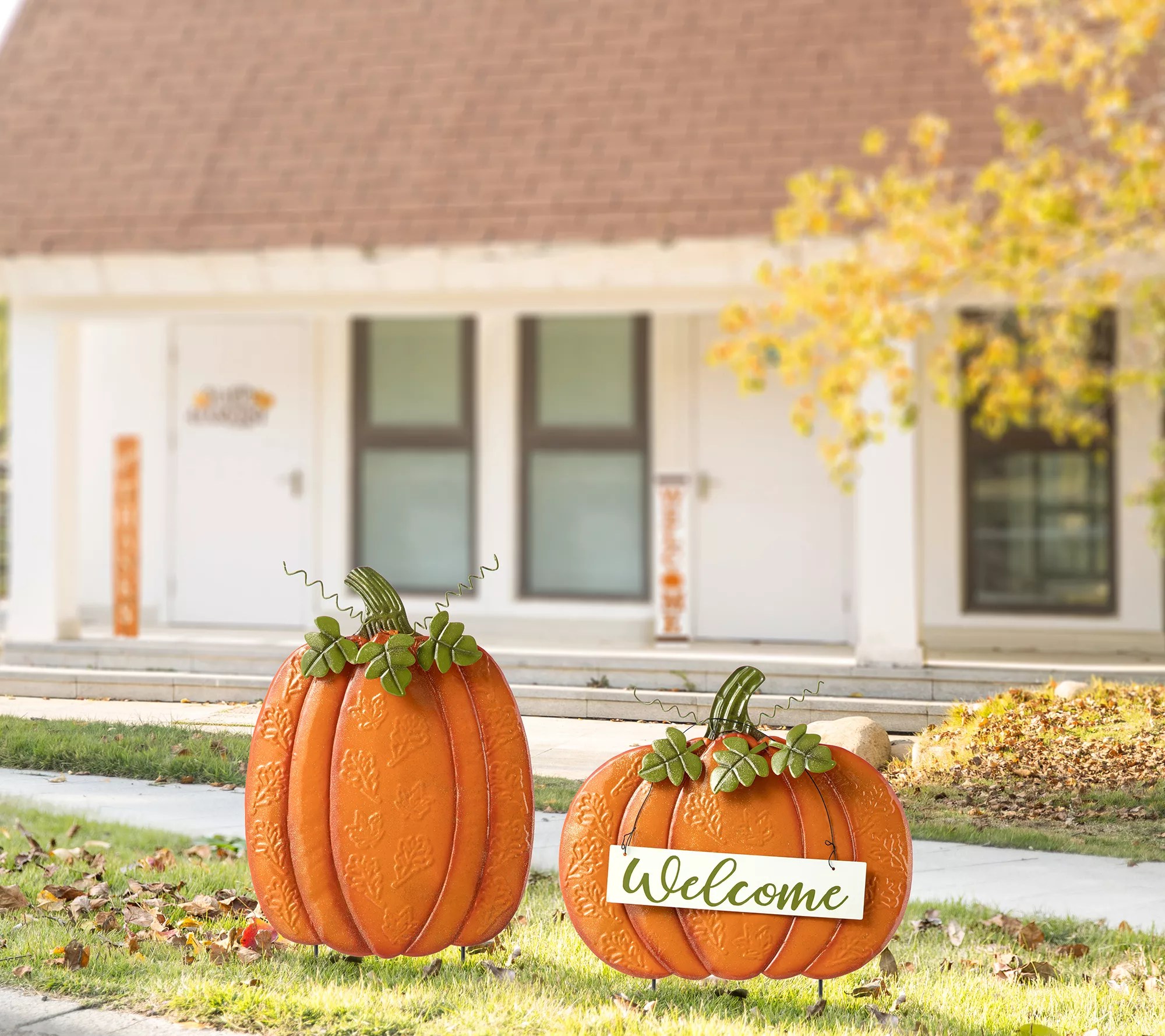 Glitzhome Fall Embossed Pumpkin Yard Stakes or Porch Decor S/2