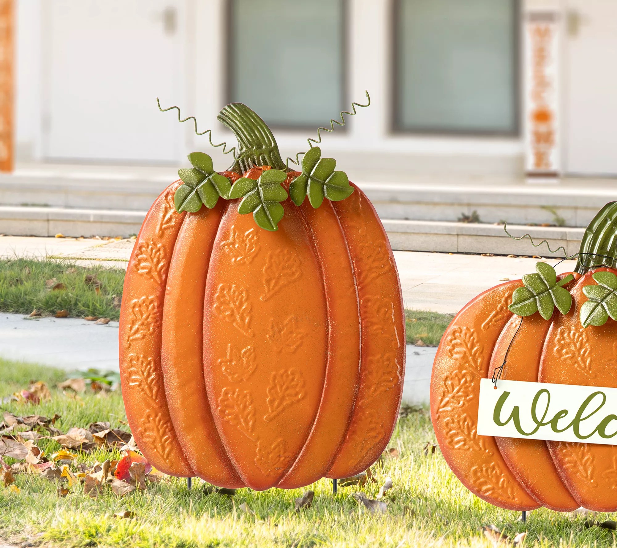 Glitzhome Fall Embossed Pumpkin Yard Stakes or Porch Decor S/2