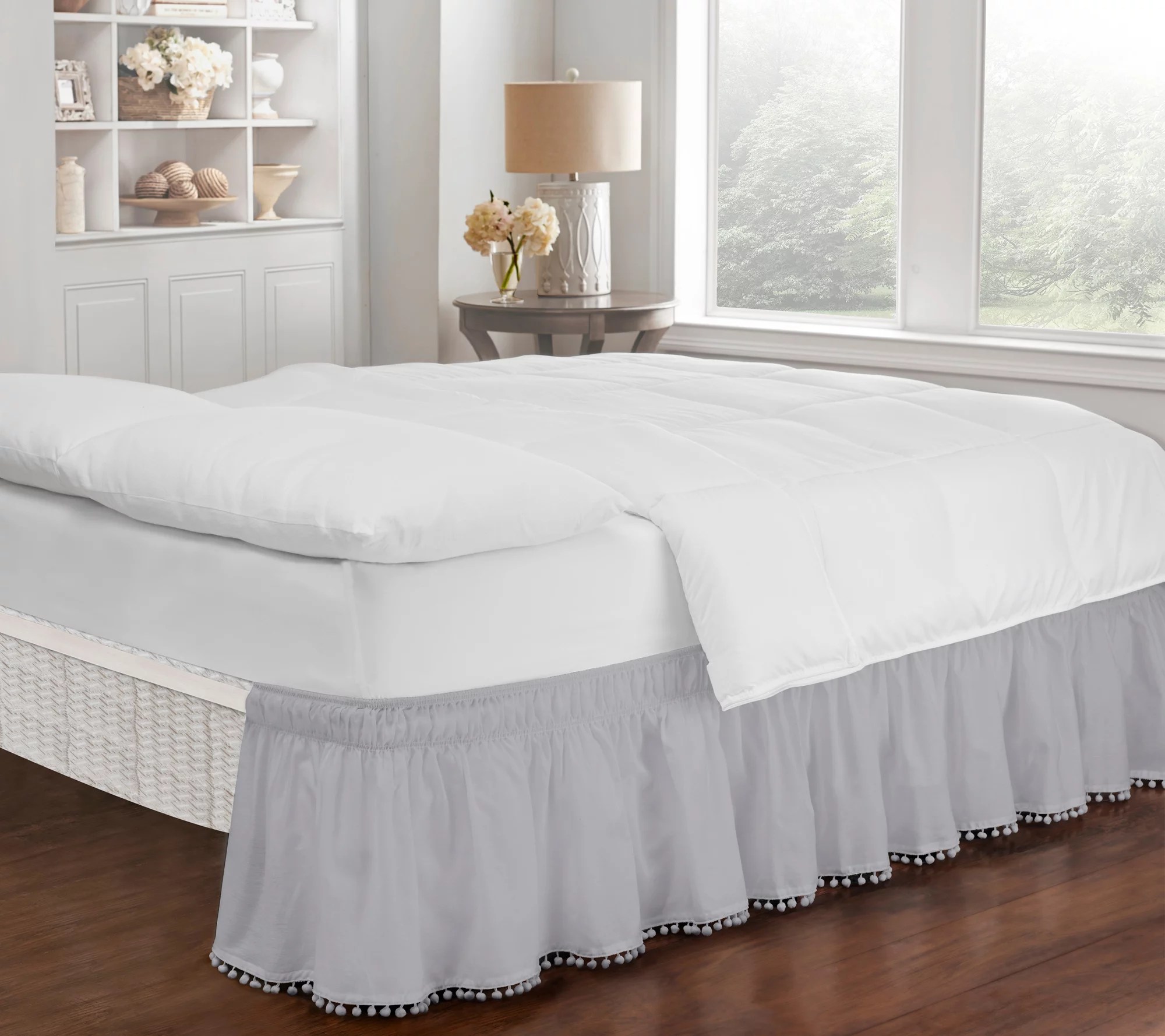 Easy Fit Adjustable Pom Pom Fringe Bed Skirt, Queen/King
