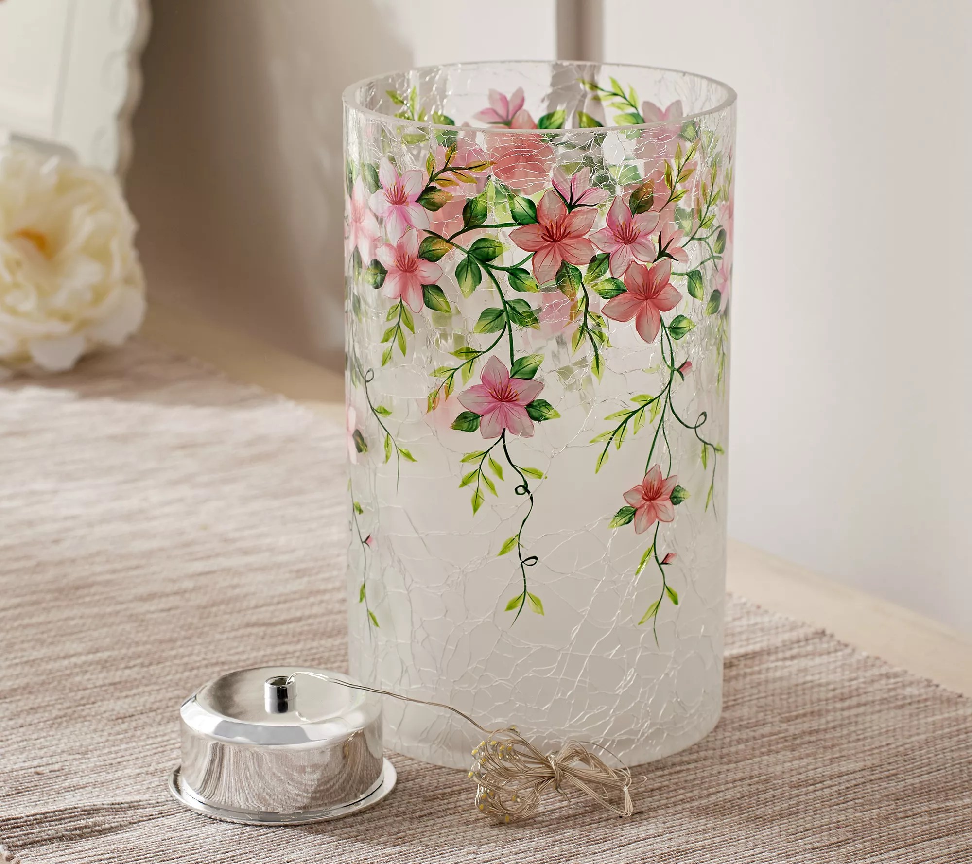 8" Illuminated Crackle Glass Hurricane by Valerie