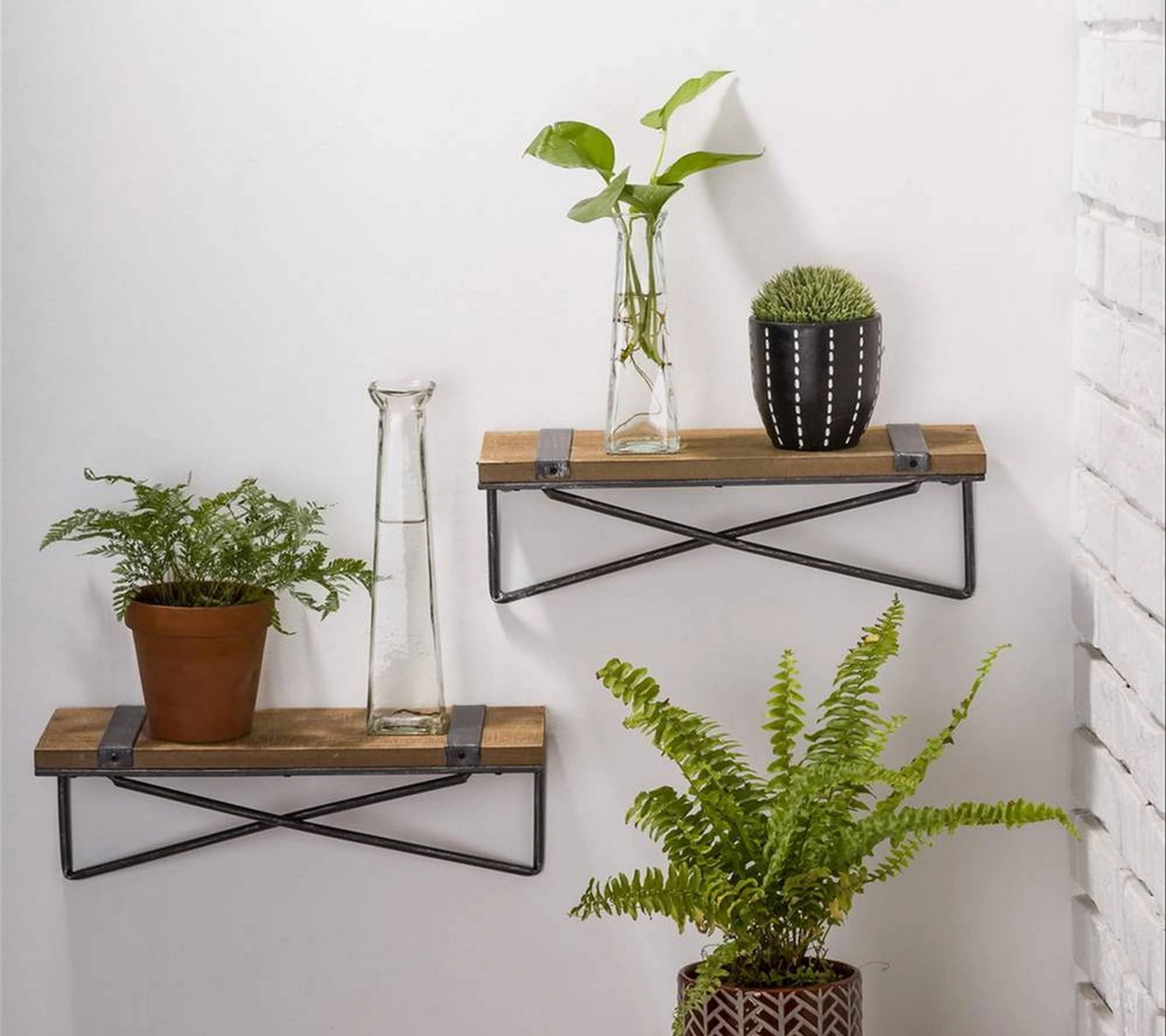Glitzhome Set of 2 Same Size Rustic Metal &Wooden Wall Shelves