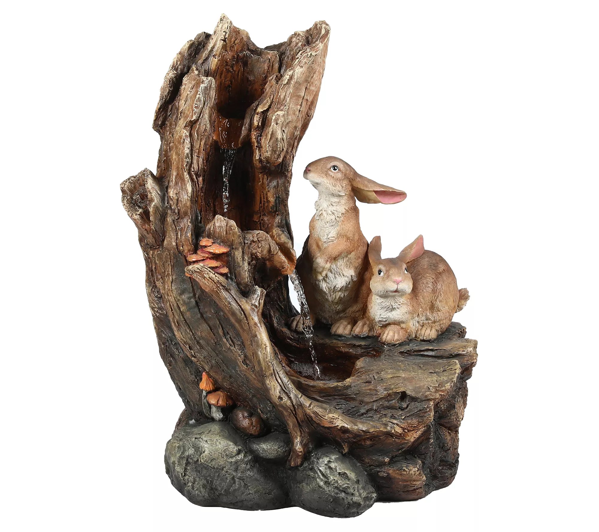 LuxenHome Resin Bunnies Tree Stump Lighted Outdoor Fountain
