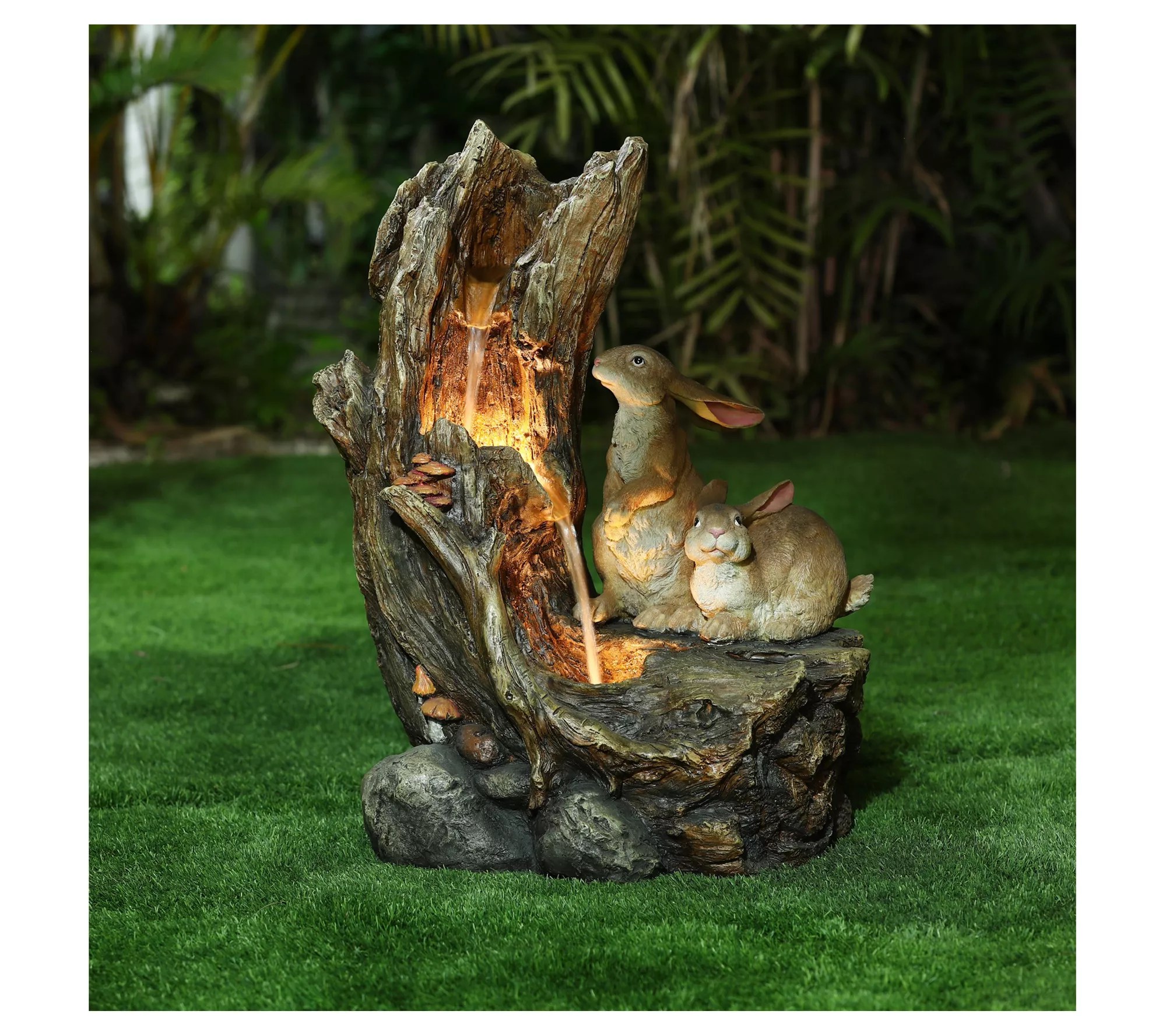 LuxenHome Resin Bunnies Tree Stump Lighted Outdoor Fountain
