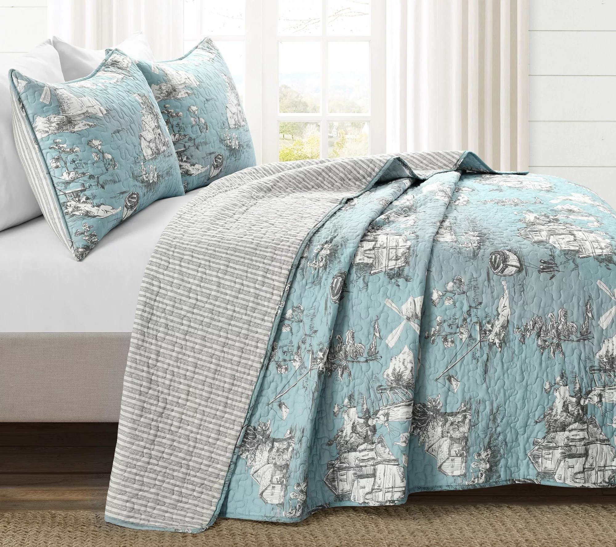 French Country Toile Cotton 3Pc King Quilt Set