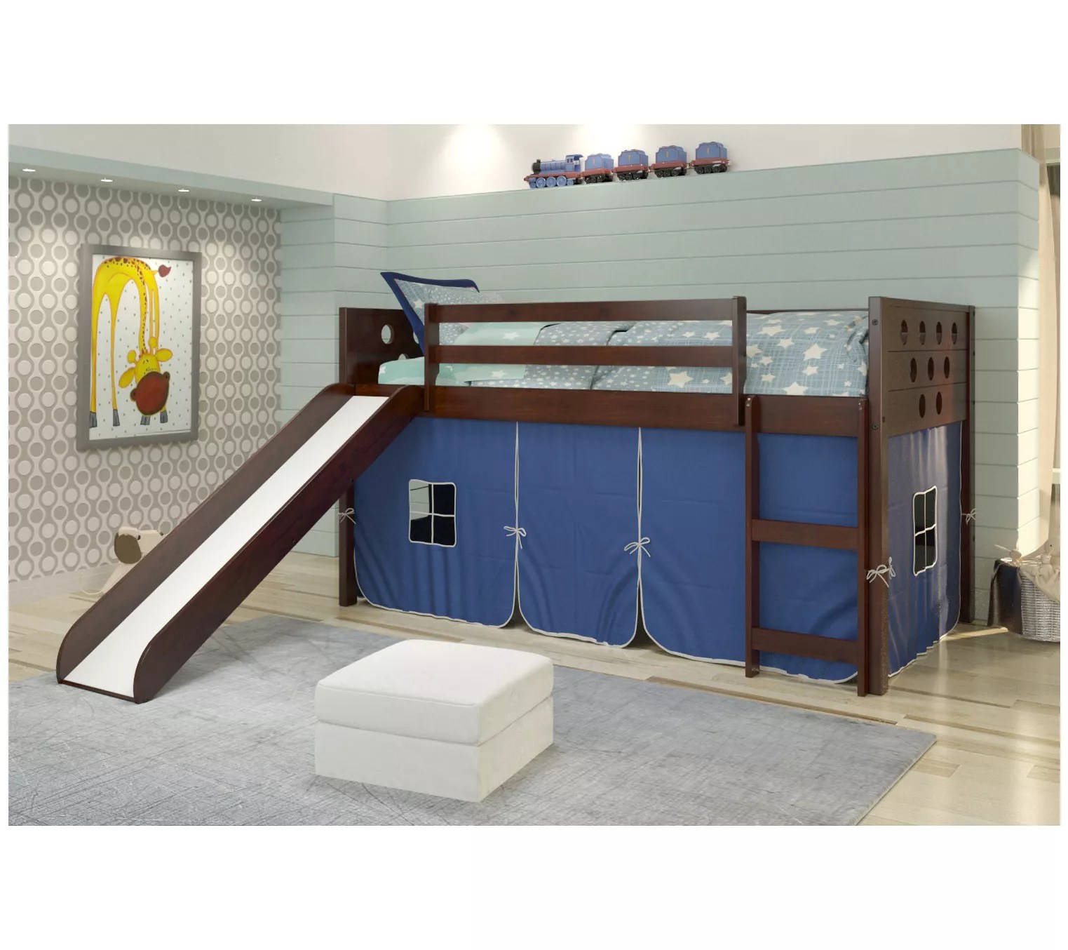Donco Kids Twin Circles Low Loft Bed w/ Slide &Solid Tent