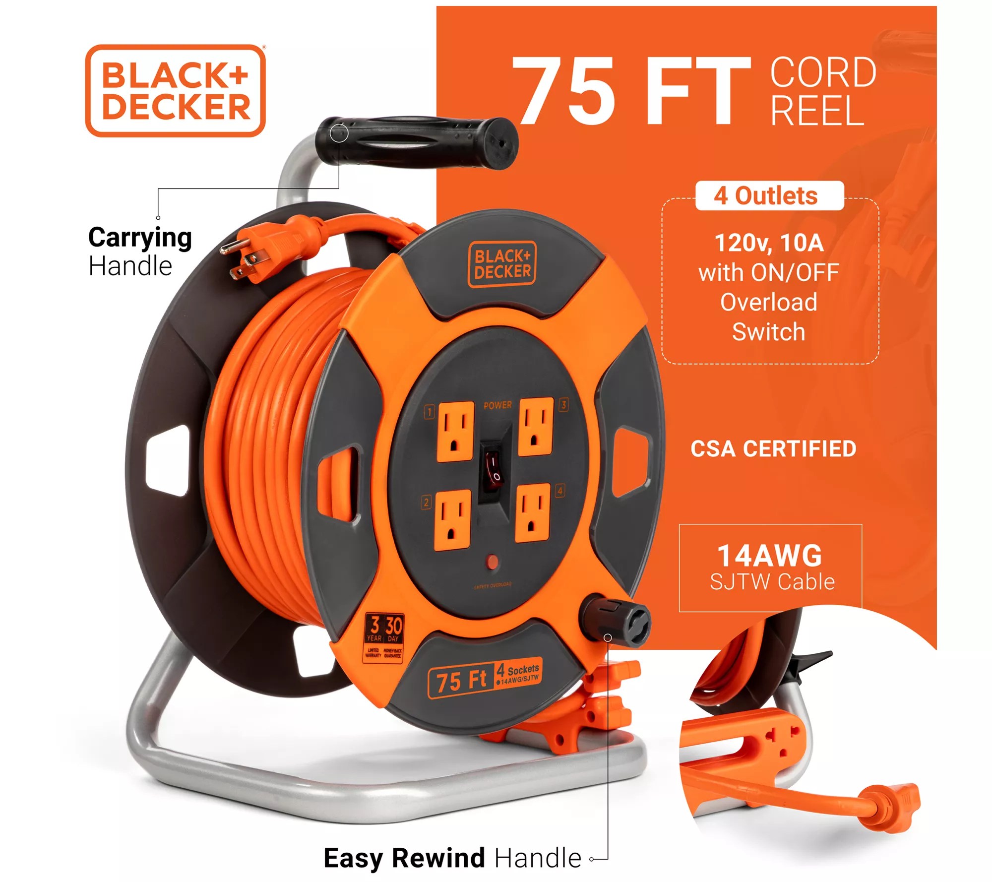 BLACK+DECKER 75' Outdoor Extension Cord Reel w/4 Outlets