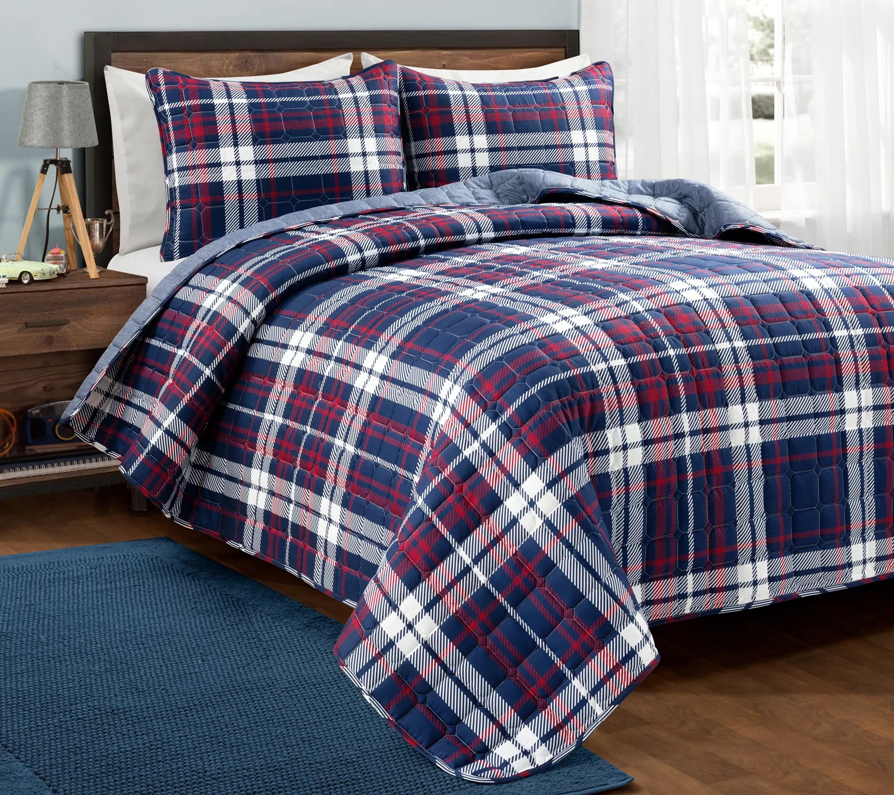 Grayson Farmhouse Plaid Reversible Quilt 3Pc F/Q by Lush Decor