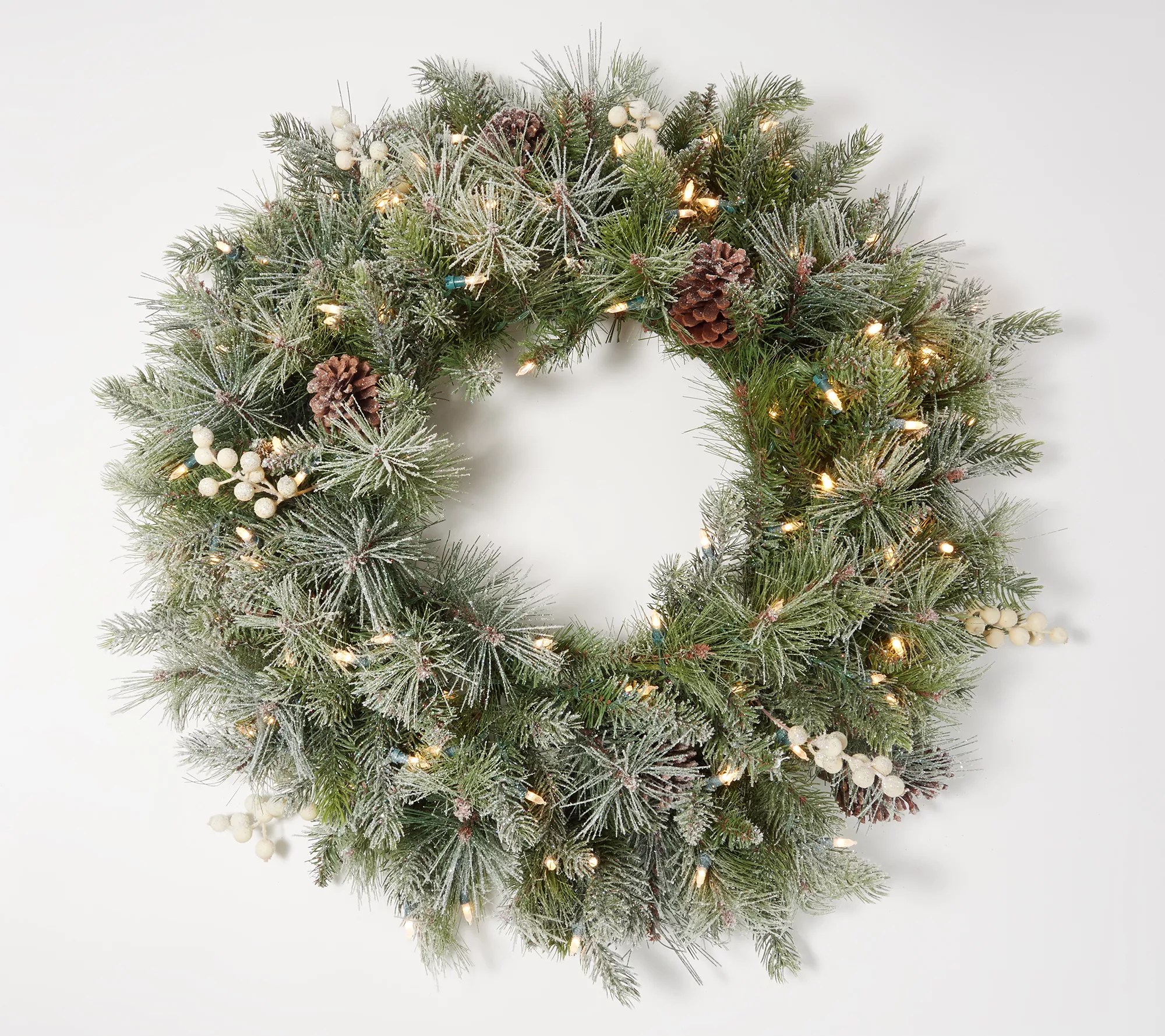 30" Illuminated Frosted Pine & Berry Wreath by Valerie