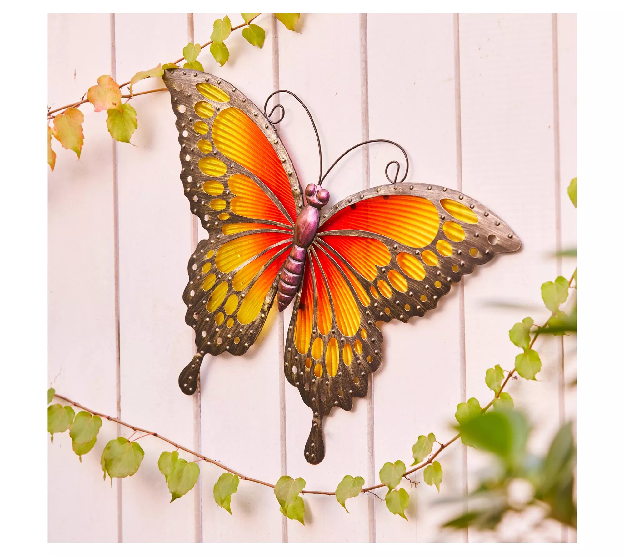 LuxenHome Orange Butterfly Metal and Glass Wall Decor