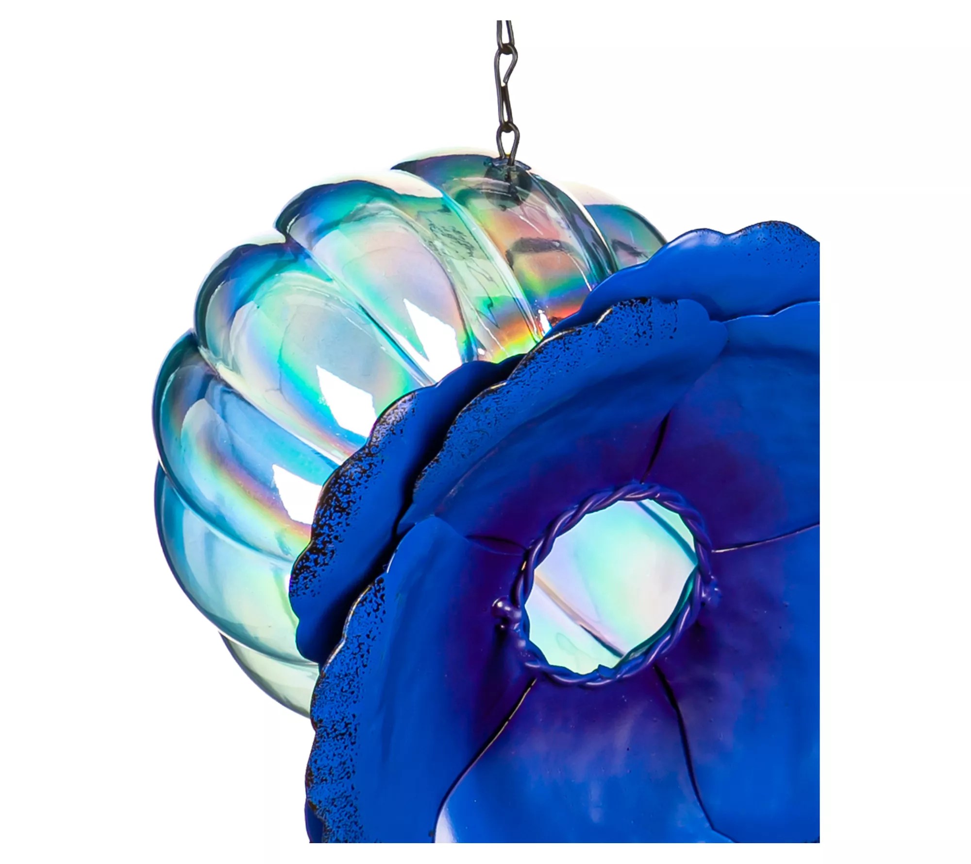 Evergreen Metal Flower with Iridescent Glass Bird Feeder