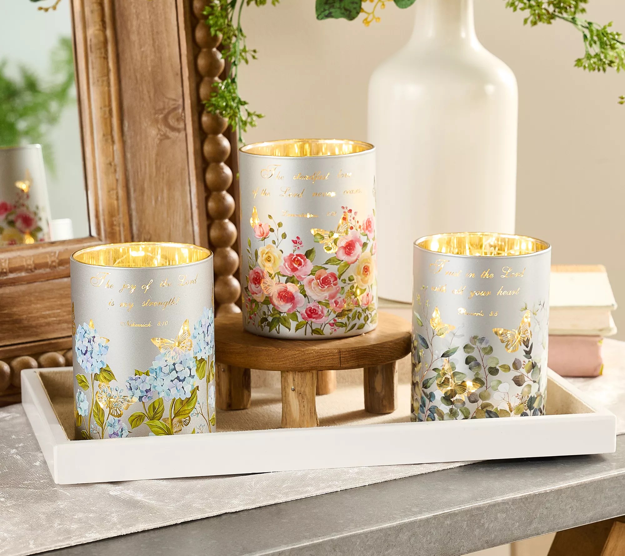 "As Is" Set of 3 Illuminated Prayer Garden Mini Hurricanes by Valerie