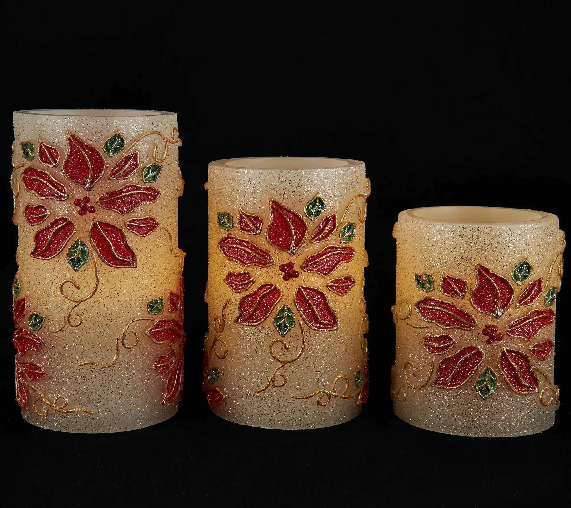 S/3 Poinsettia Embossed Flameless Candles by Valerie